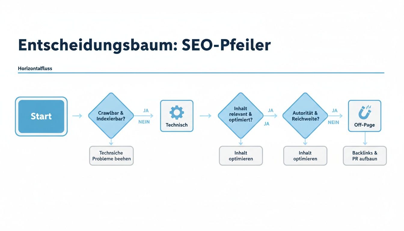 Entscheidungsbaum-Flussdiagramm für SEO-Pfeiler, von Crawlbarkeit über technische Aspekte bis zu Off-Page-Maßnahmen.