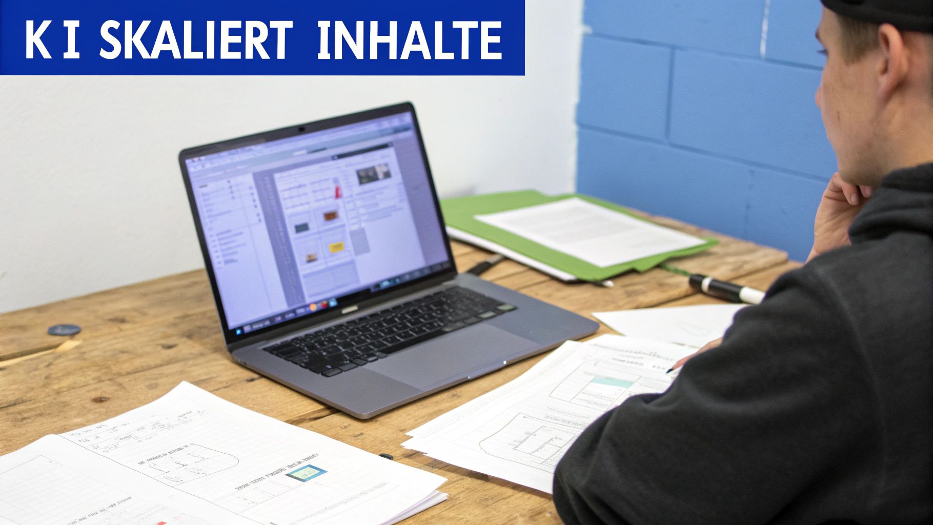 Junge Person arbeitet am Laptop mit Dokumenten auf Holztisch, darüber Banner 'KI SKALIERT INHALTE'.