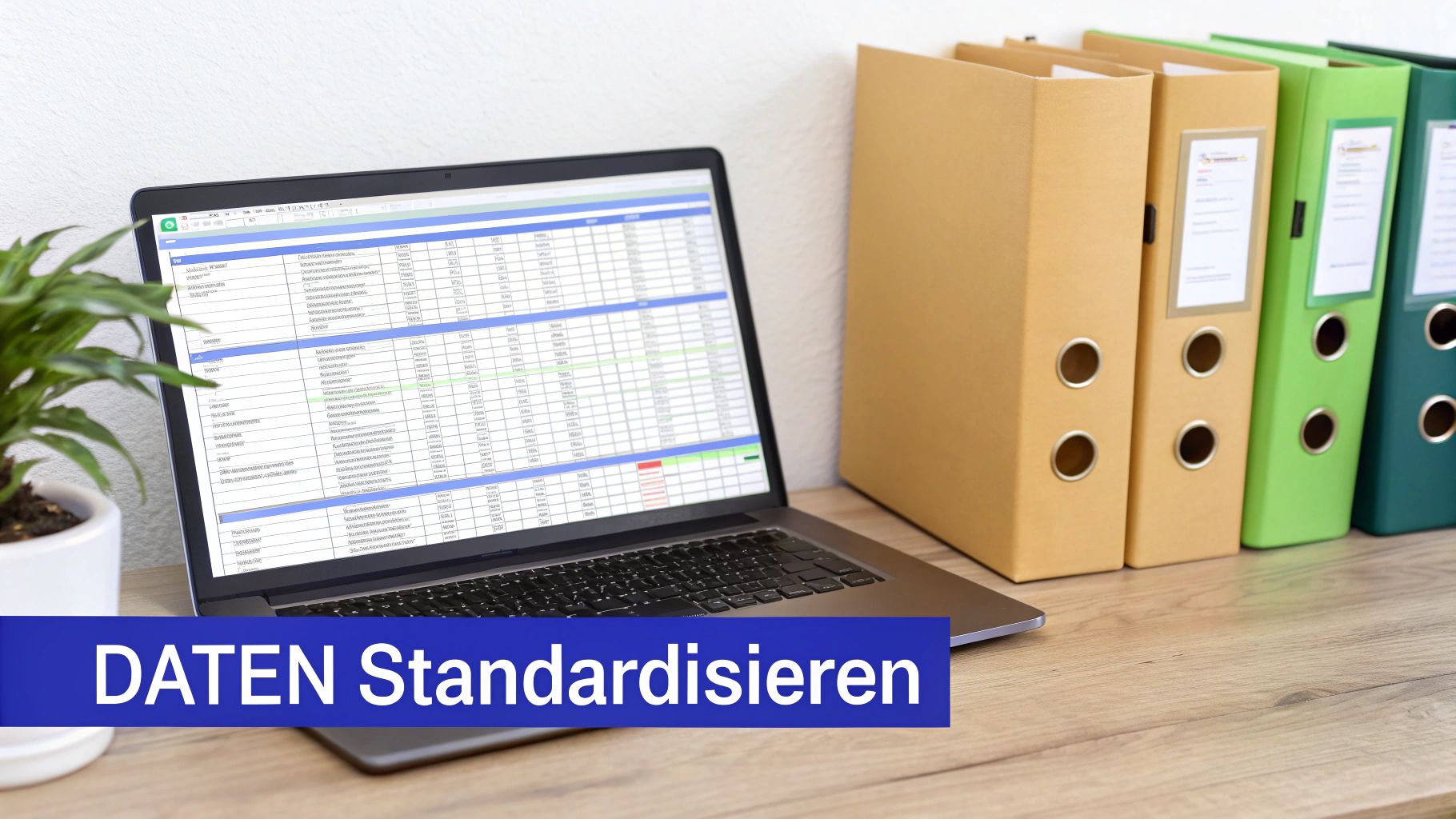 Ein Laptop zeigt eine digitale Tabelle zur Datenverwaltung, daneben stehen farbige Aktenordner. Ein Banner sagt 'DATEN Standardisieren'.