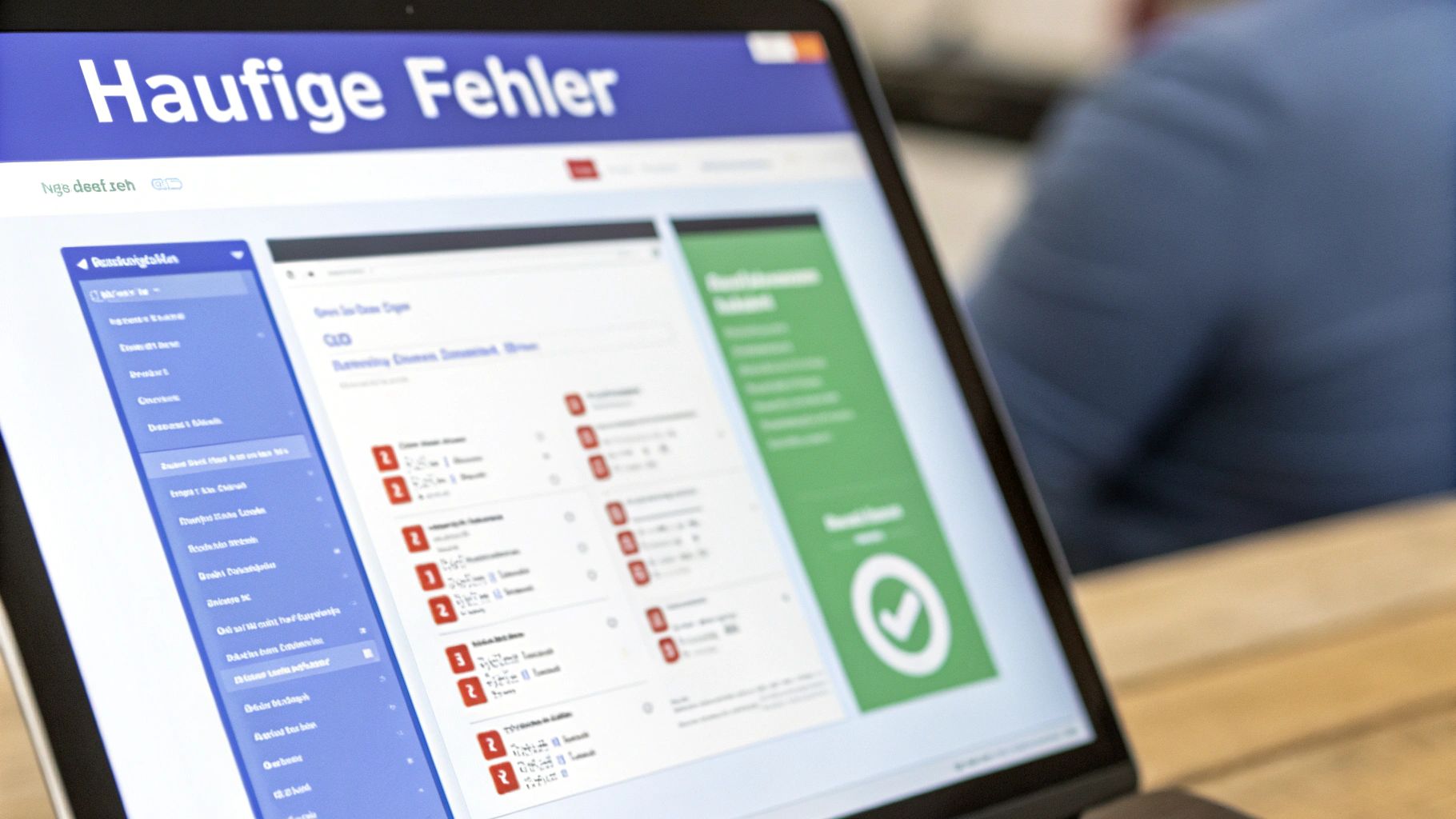 Laptop zeigt eine Webseite mit dem Titel "Häufige Fehler", Navigation und einer Übersicht von Fehlern und Erfolgen.