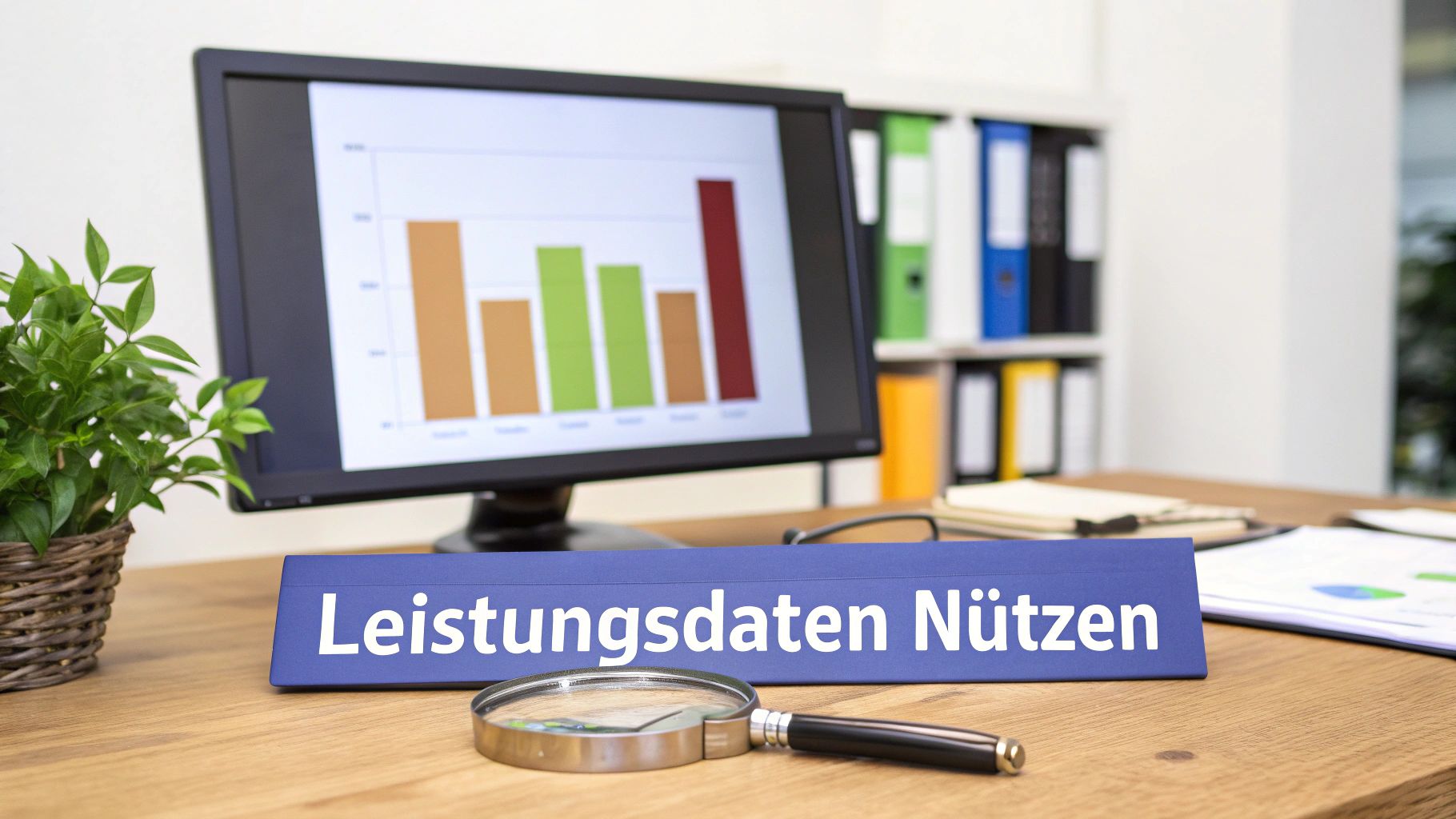 Ein Schreibtisch mit Monitor, der Leistungsdaten als Balkendiagramm darstellt, daneben ein Schild "Leistungsdaten Nützen" und eine Lupe.