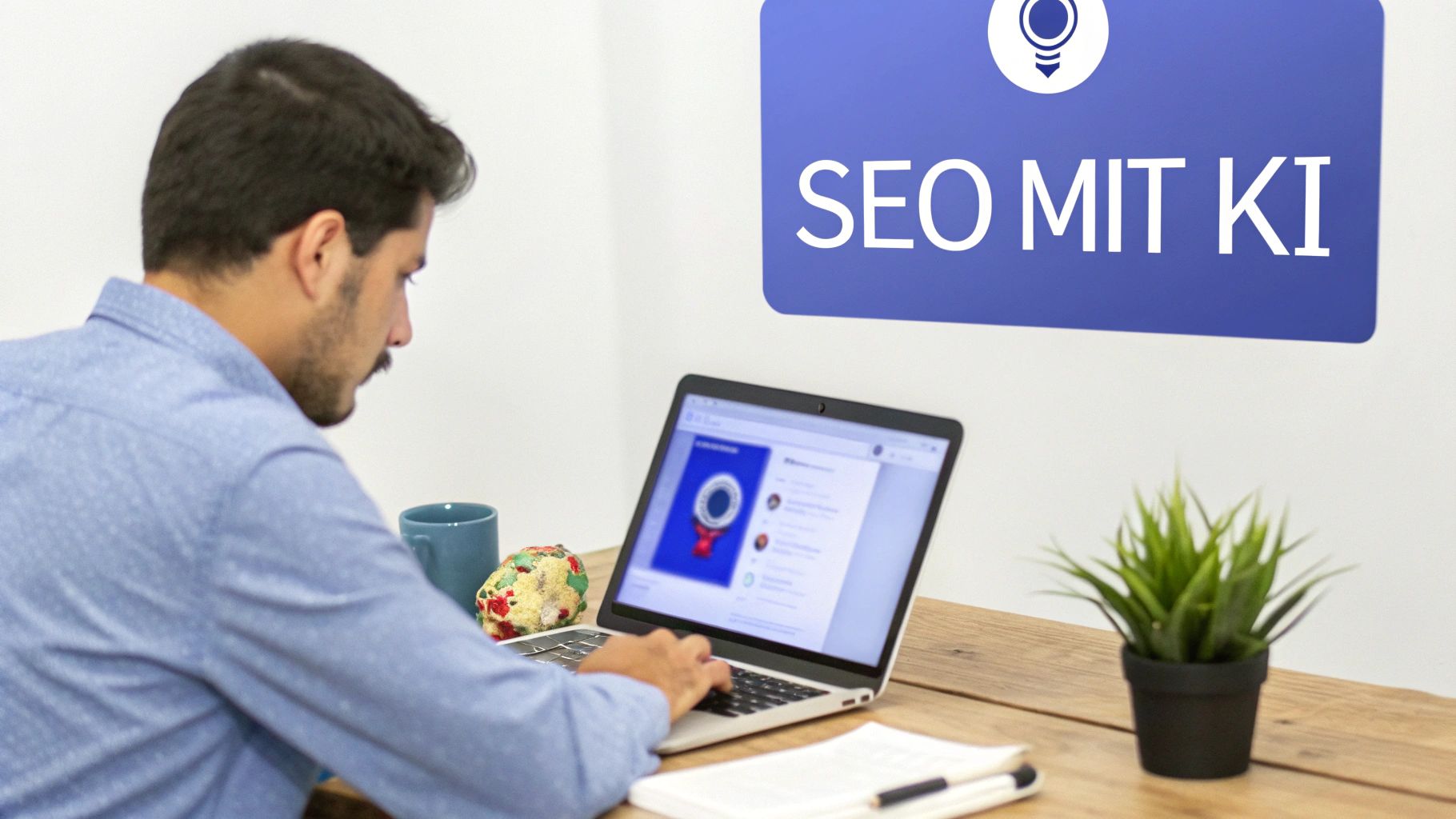 Ein Mann arbeitet konzentriert an seinem Laptop auf einem Holztisch, dahinter ein Schild 'SEO MIT KI'.