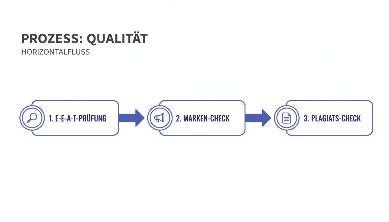Flussdiagramm eines Qualitätsprozesses mit Schritten wie E-E-A-T-Prüfung, Marken-Check und Plagiats-Check.
