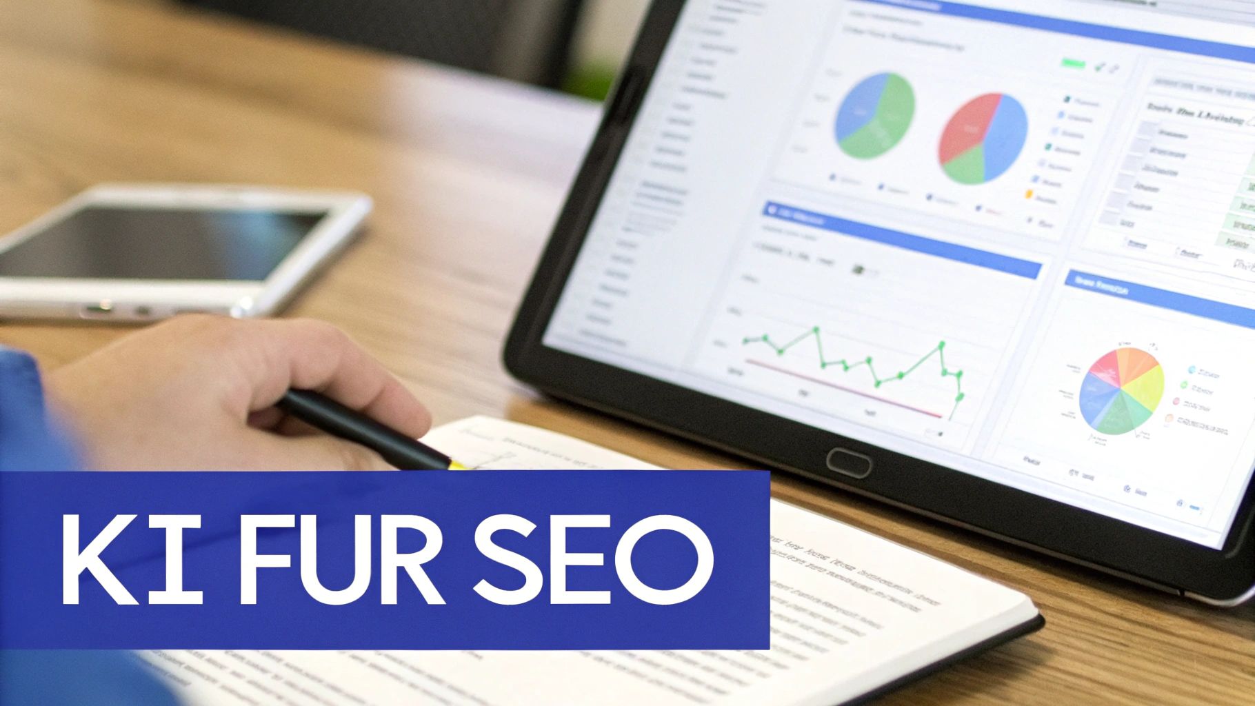 Eine Person schreibt Notizen, während ein Tablet SEO-Analysen und Diagramme anzeigt. Das Bild betont 'KI FÜR SEO'.