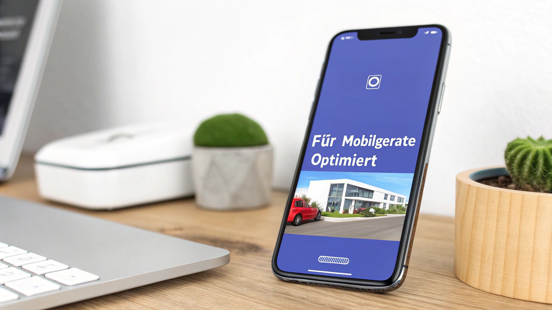 Ein Smartphone auf einem Holztisch zeigt eine App mit Gebäuden, einem roten Auto und dem Text "Für Mobilgeräte Optimiert".