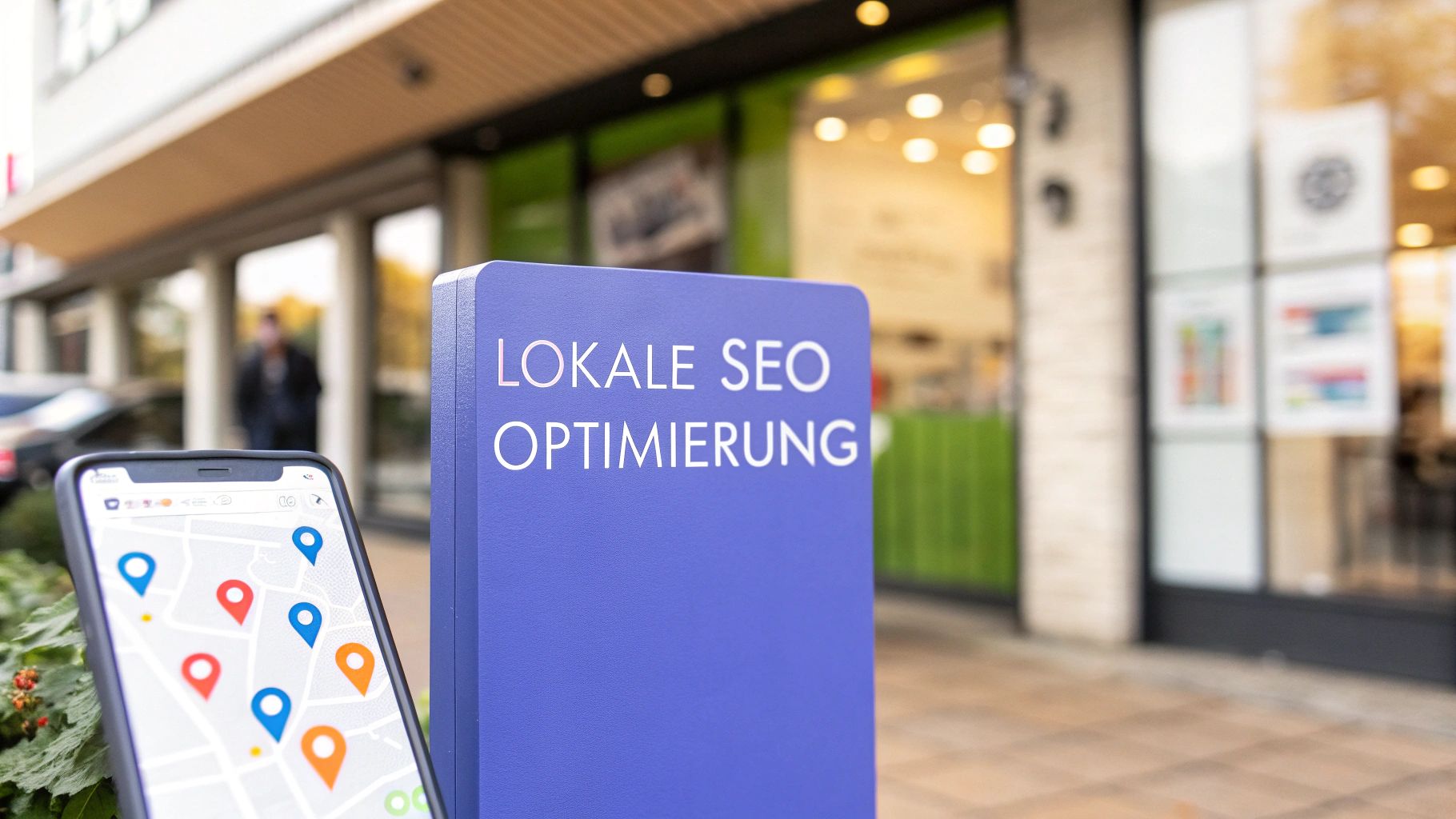 A smartphone shows a map with location markers. Next to it, there is a blue book with the inscription 'Local SEO Optimization' in front of a shop.