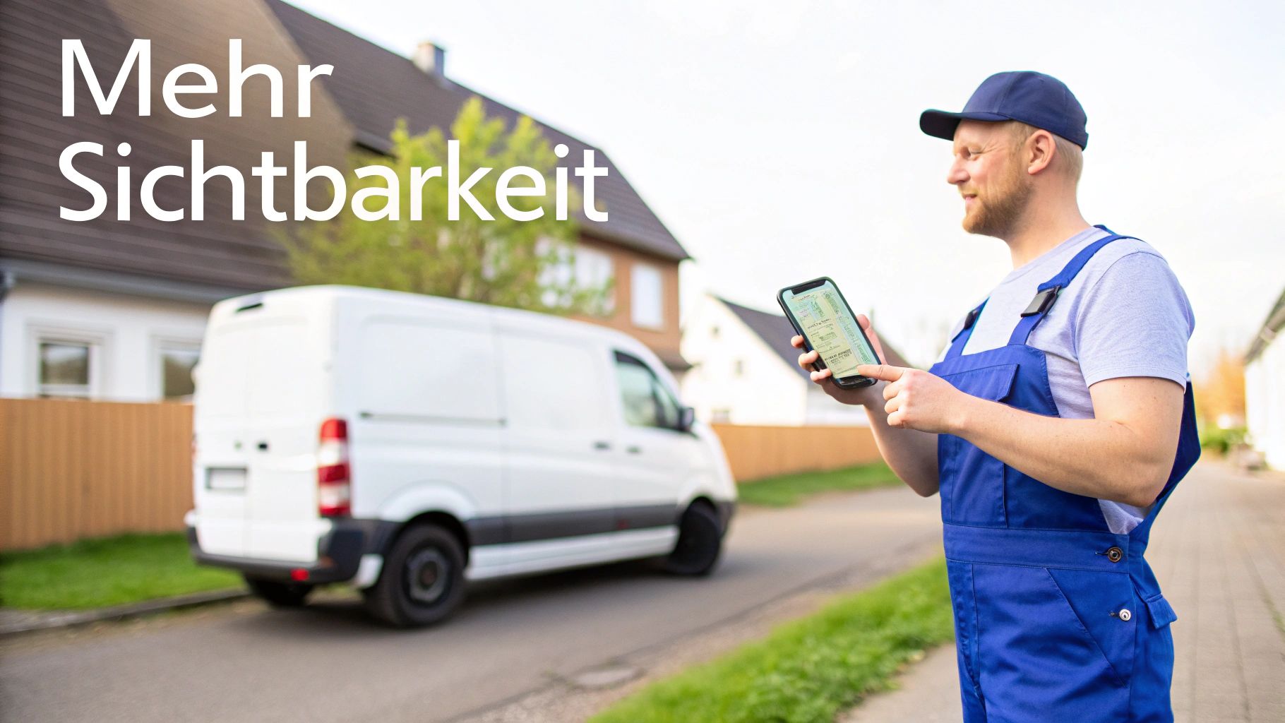 Ein Lieferfahrer prüft Details auf seinem Smartphone, mit Lieferwagen im Hintergrund und Text "Mehr Sichtbarkeit".