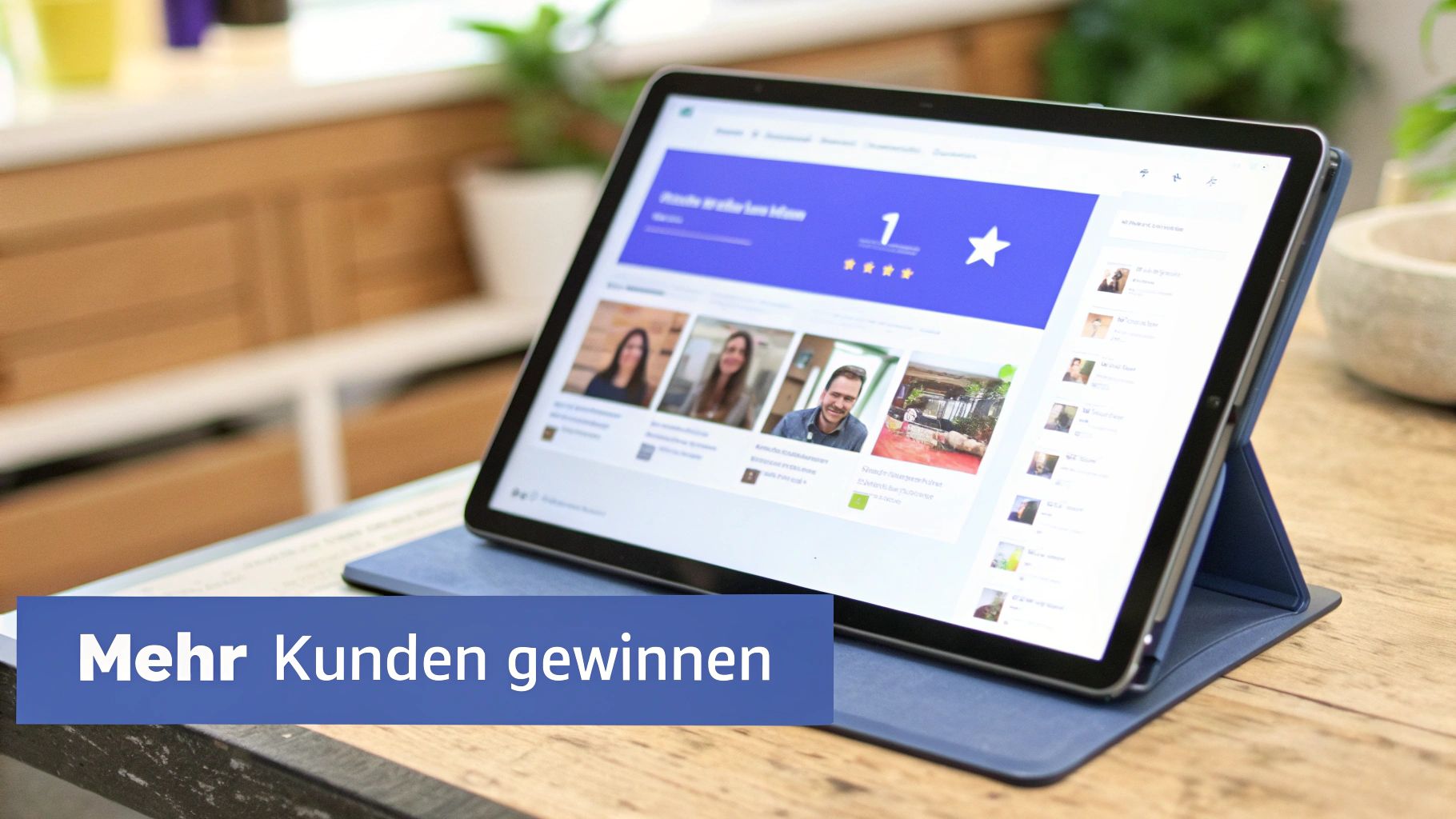 Ein Tablet auf einem Holztisch zeigt eine Plattform zum Gewinnen neuer Kunden mit Bewertungen.