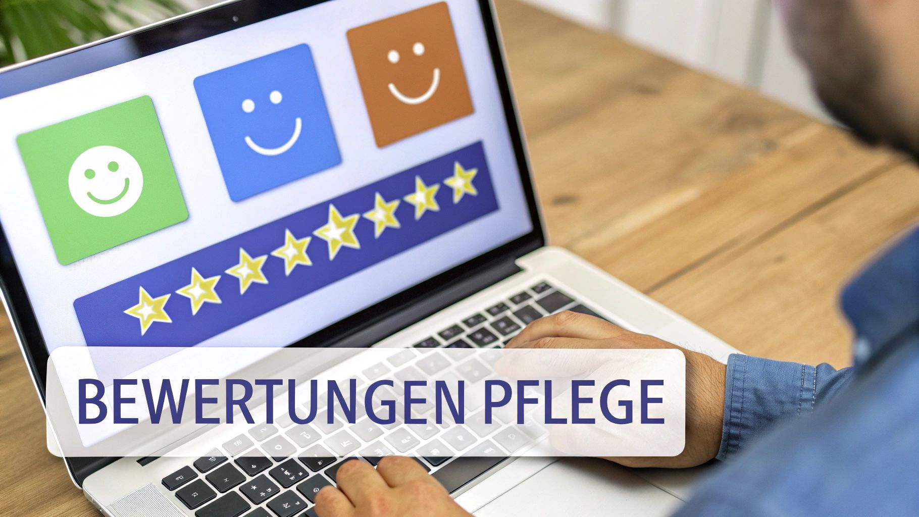 Eine Person pflegt Online-Bewertungen auf einem Laptop, dargestellt durch lächelnde Gesichter und Sterne.