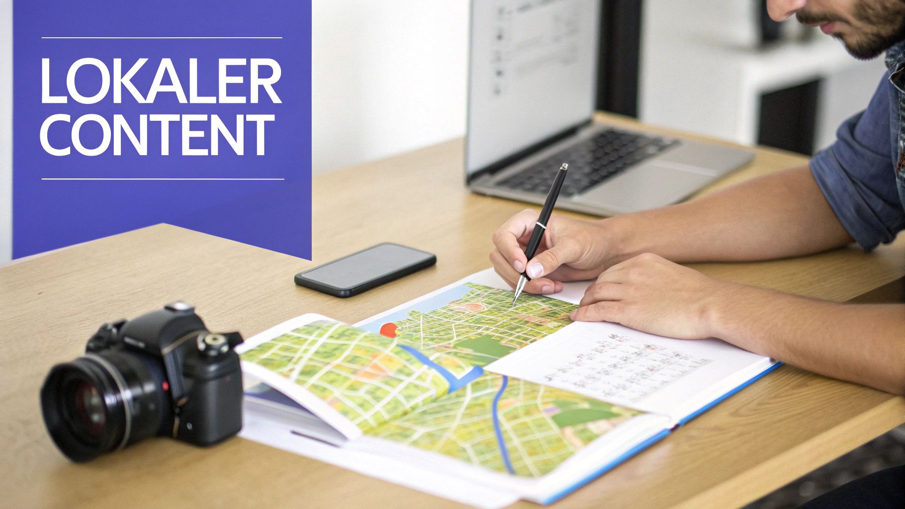 Eine Person schreibt auf einer Karte in einem Notizbuch auf einem Holzschreibtisch mit Kamera und Laptop. Banner: 'LOKALER CONTENT'.