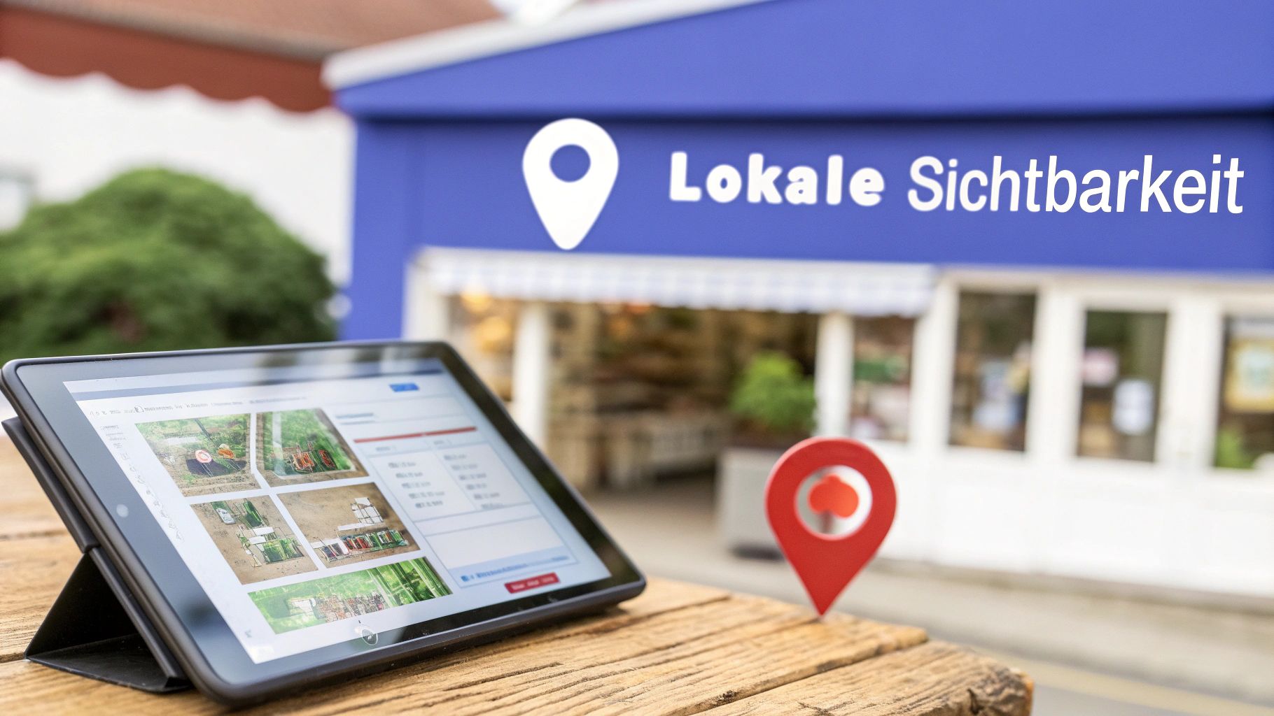 Tablet zeigt Online-Bilder mit Fokus auf lokale Sichtbarkeit, daneben ein roter Standort-Pin vor einem Geschäft.