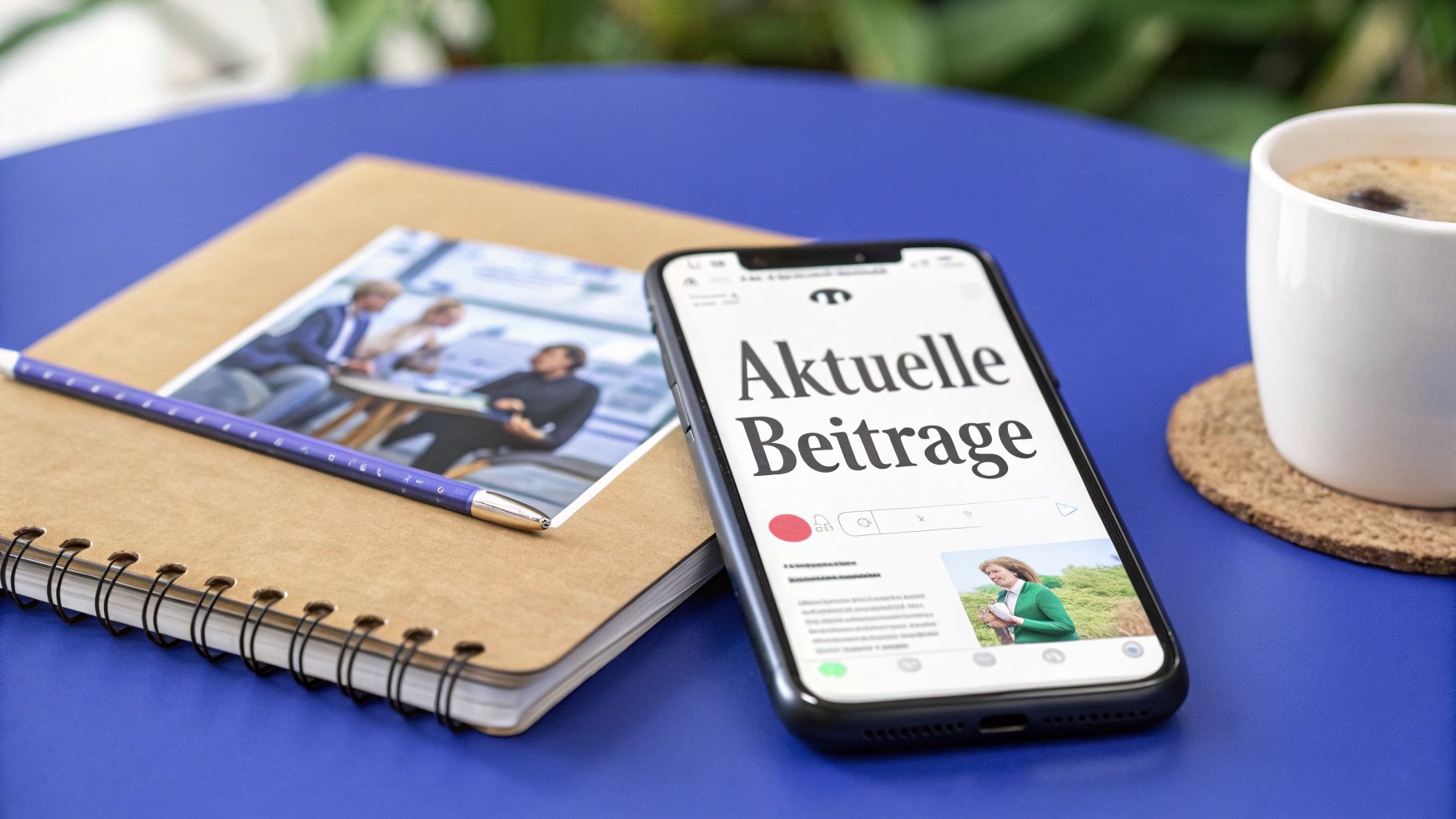 Smartphone mit 'Aktuelle Beiträge' neben Notizbuch, Stift, Foto und Kaffeetasse auf blauem Tisch.