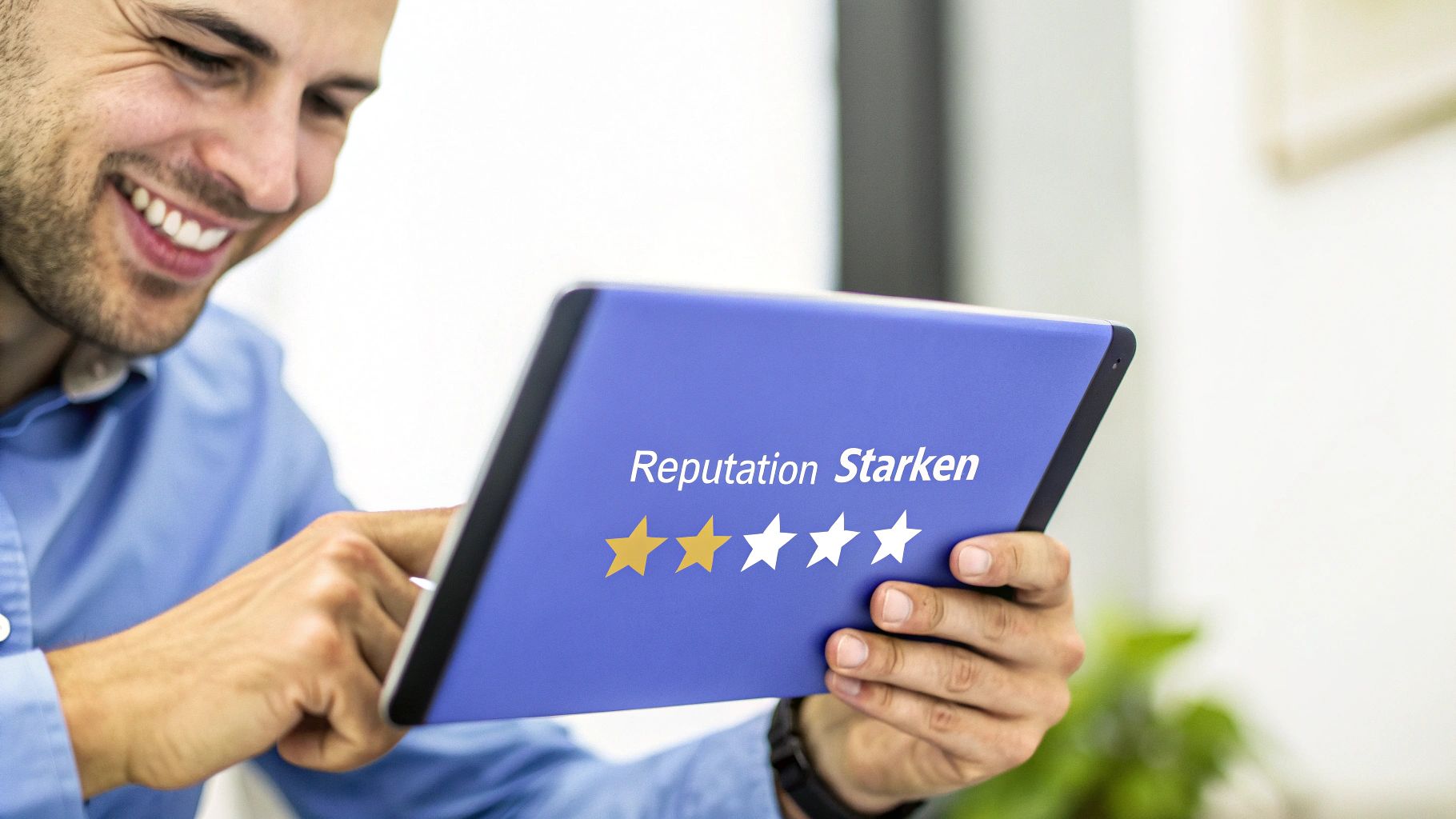 Ein lächelnder Mann hält ein Tablet mit der Aufschrift 'Reputation Stärken' und einer Zwei-Sterne-Bewertung.