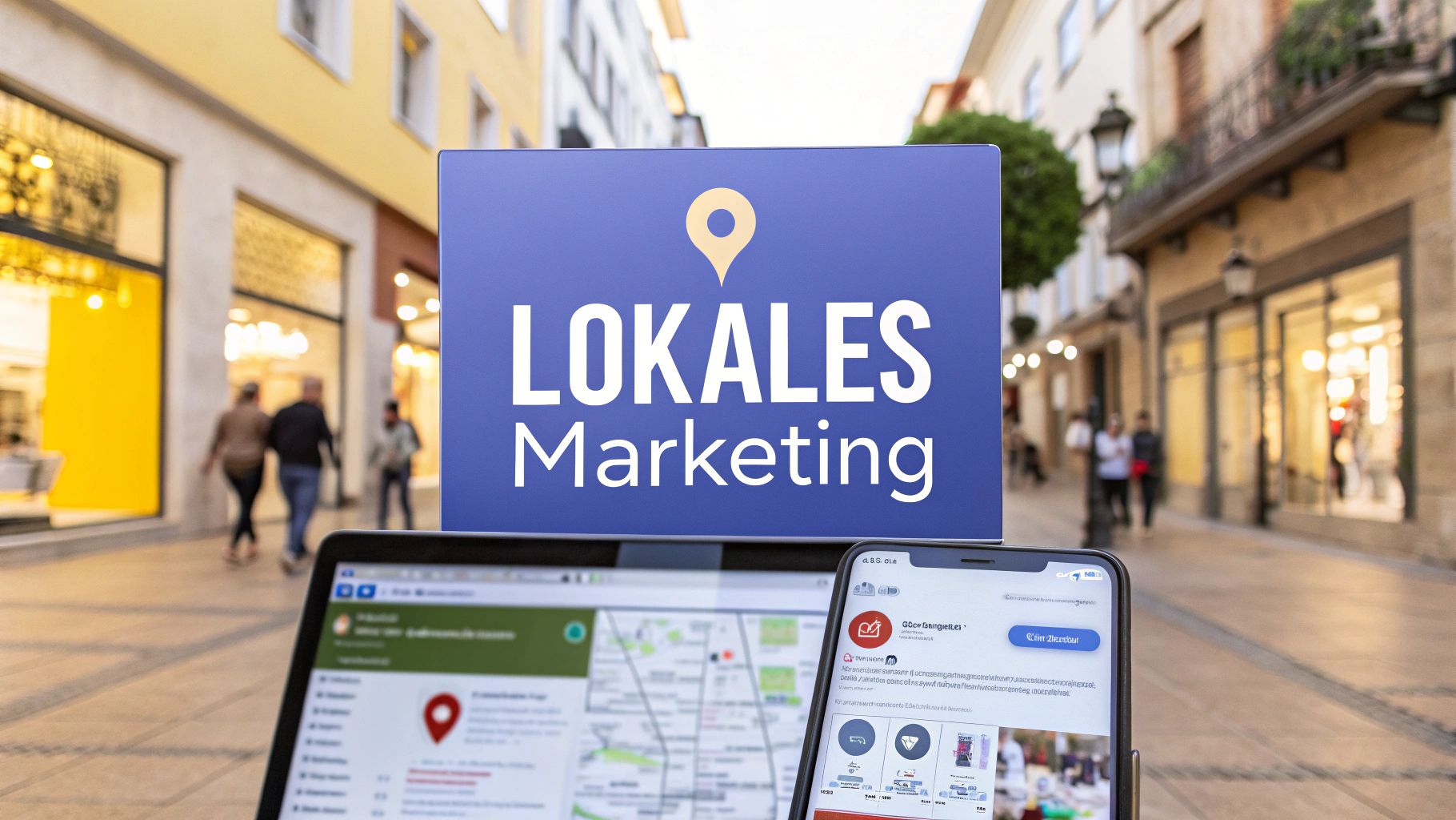 A sign with the words “Local Marketing” is in a pedestrian zone. In front of it, a laptop and a smartphone with map and company views can be seen.