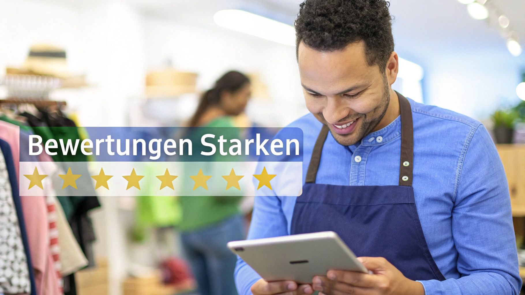 Ein lächelnder Mann im Laden schaut auf ein Tablet, mit einer Überlagerung, die "Bewertungen Stärken" und fünf Sterne zeigt.
