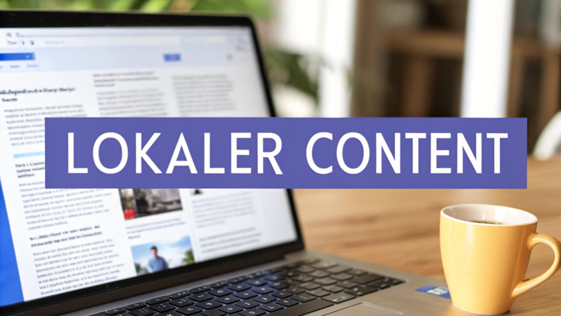 Ein Laptop auf einem Holztisch mit einer gelben Kaffeetasse und dem Banner 'LOKALER CONTENT'.