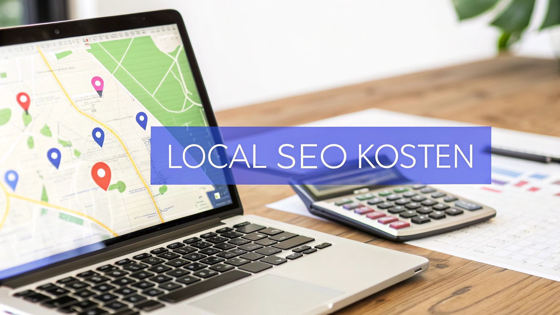 A laptop shows a map with location markers. There is a calculator and documents next to it. The text 'Local SEO Kosten' is written above the image.