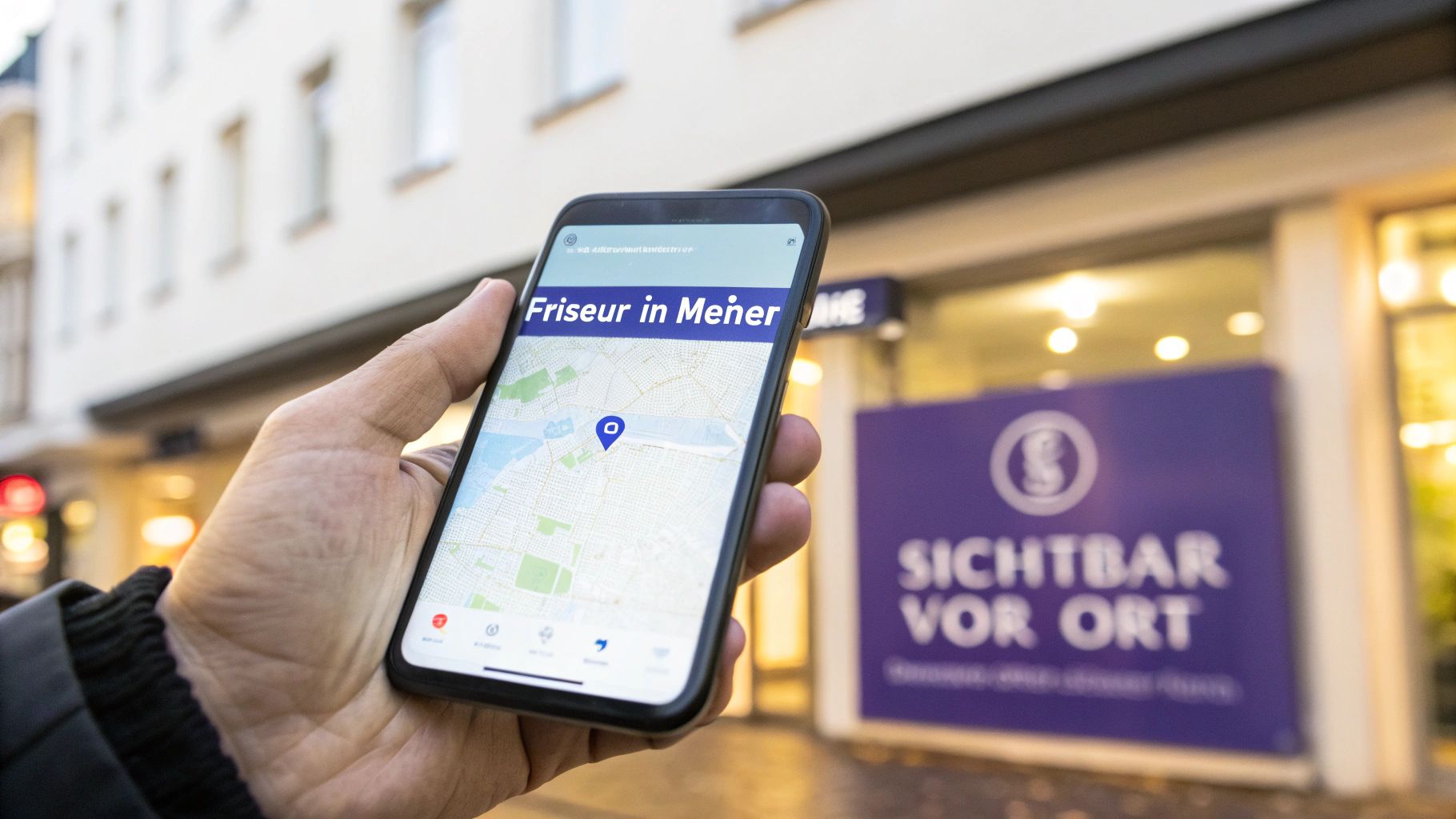 Person hält Smartphone mit einer lokalen Friseur-Suche auf einer Karte, im Hintergrund eine Straße.