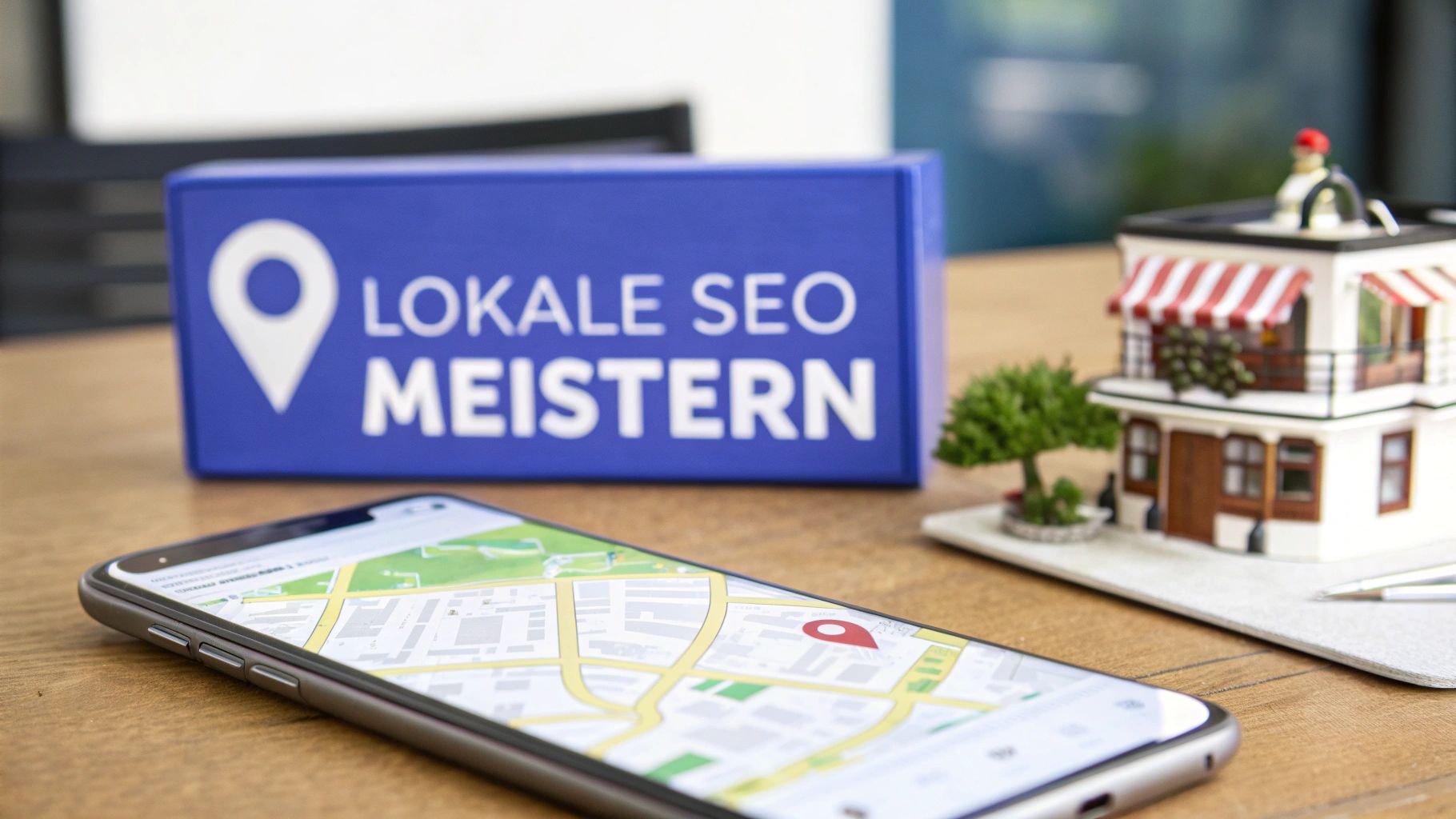 A smartphone with a map view is lying on a table. Behind it is a blue display with the inscription “Master local SEO” next to a small house model.