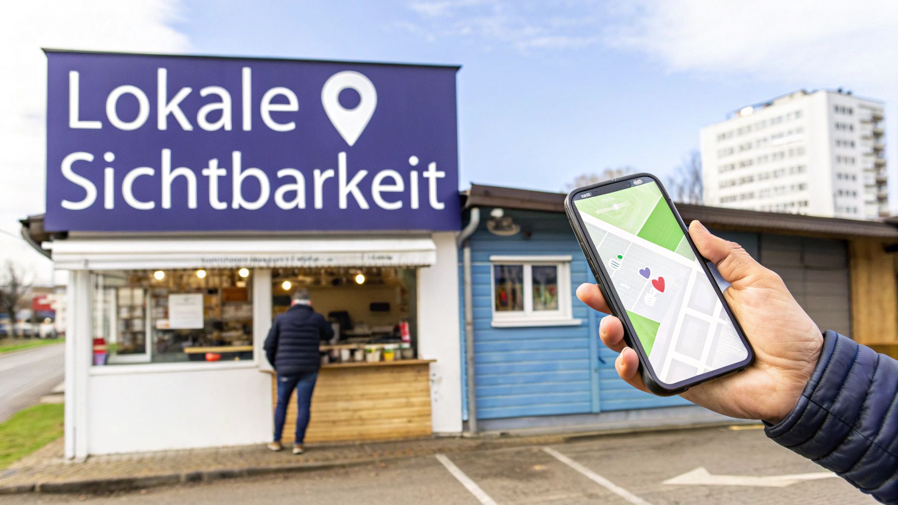 Hand hält Smartphone mit Karte und Standort-Markierungen vor einem Geschäft mit Schild 'Lokale Sichtbarkeit'.