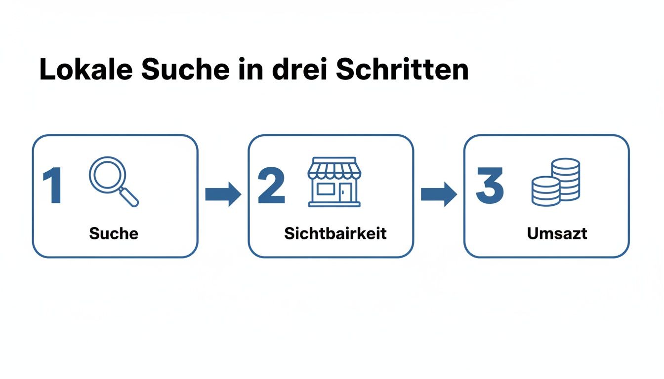 Diagramm zeigt die drei Schritte der lokalen Suche: 1. Suche (Vergrößerungsglas), 2. Sichtbarkeit (Laden), 3. Umsatz (Geldscheine).
