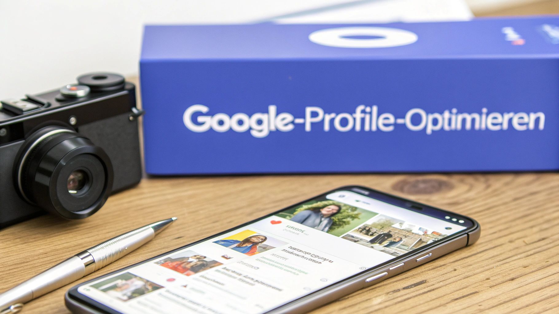 Schreibtisch-Setup mit Smartphone, Kamera und einer Box zur Google-Profil-Optimierung für lokale SEO.