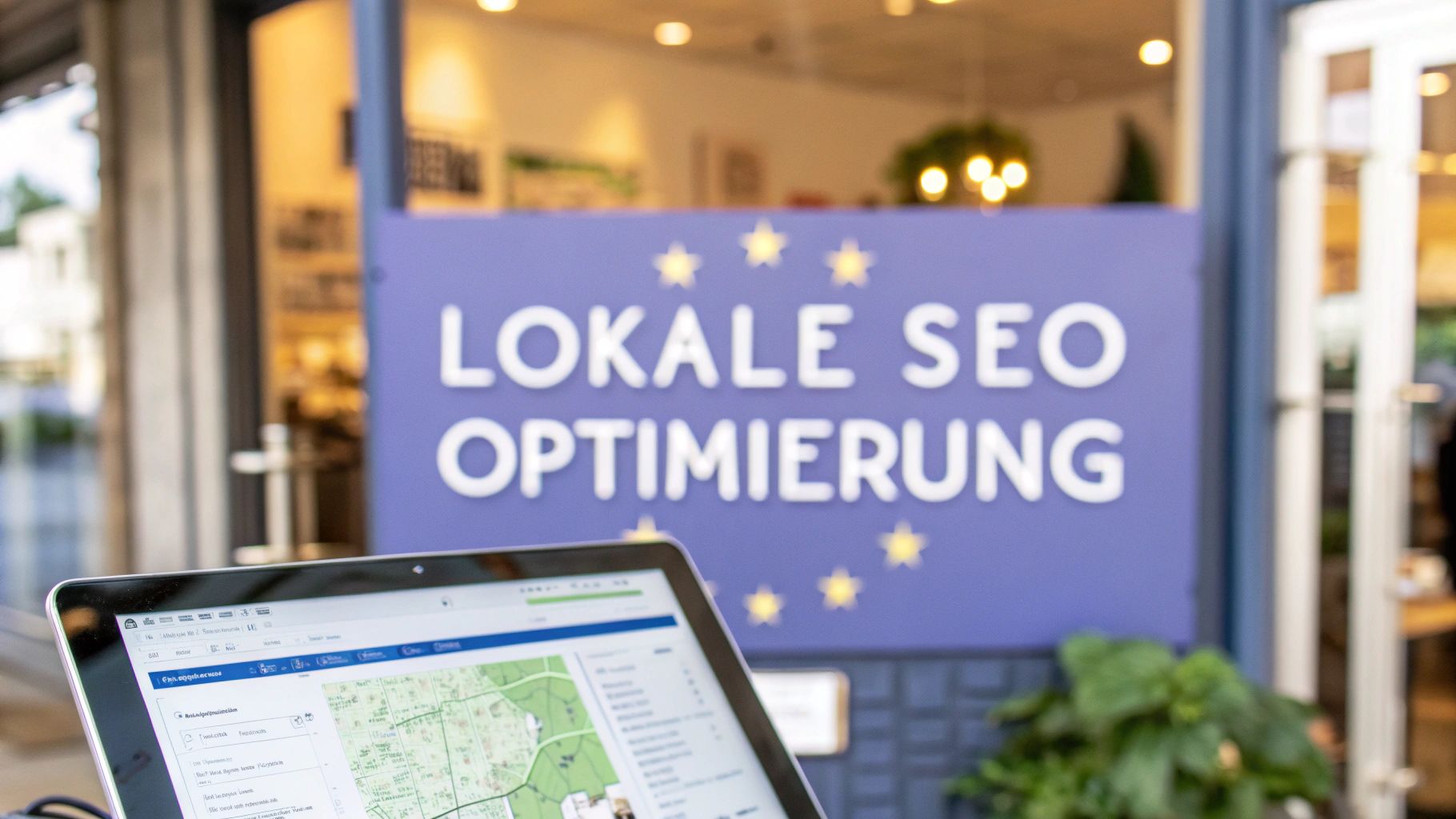 A laptop shows a map view. In the background, there is a sign with the words 'Local SEO Optimization' in front of a shop.