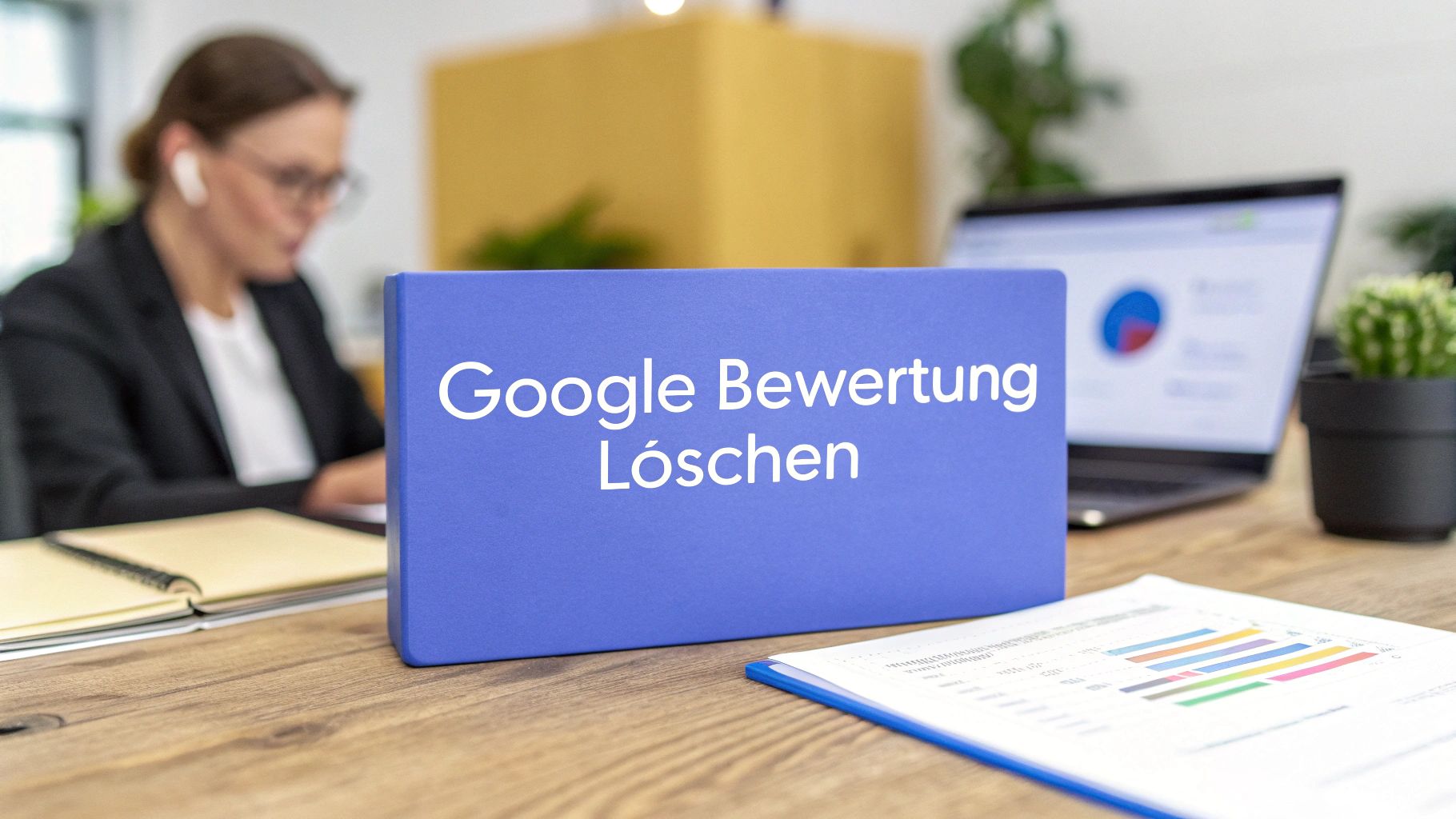 A blue display with the inscription “Delete Google Review” is on a desk. In the background, a person is working on a laptop, with documents lying next to it.