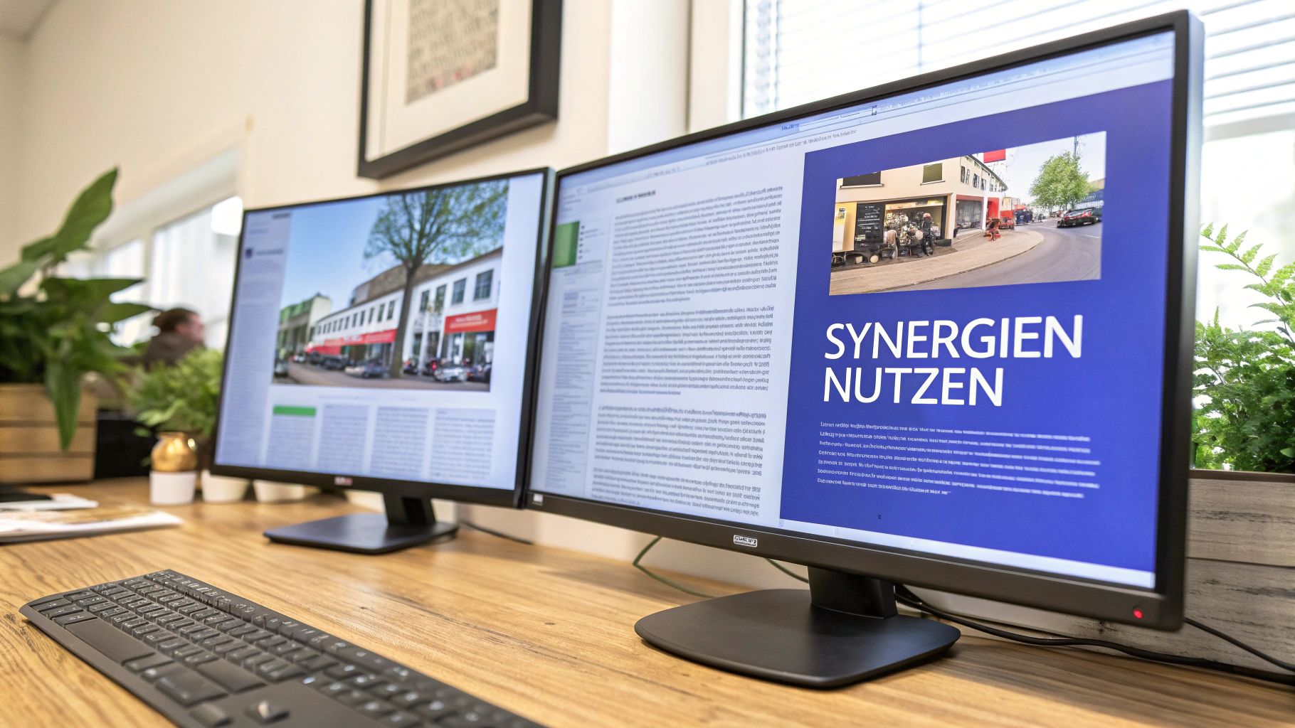 Zwei Computermonitore auf einem Schreibtisch zeigen Texte und Bilder von Gebäuden und Straßen, mit der Überschrift 'SYNERGIEN NUTZEN'.