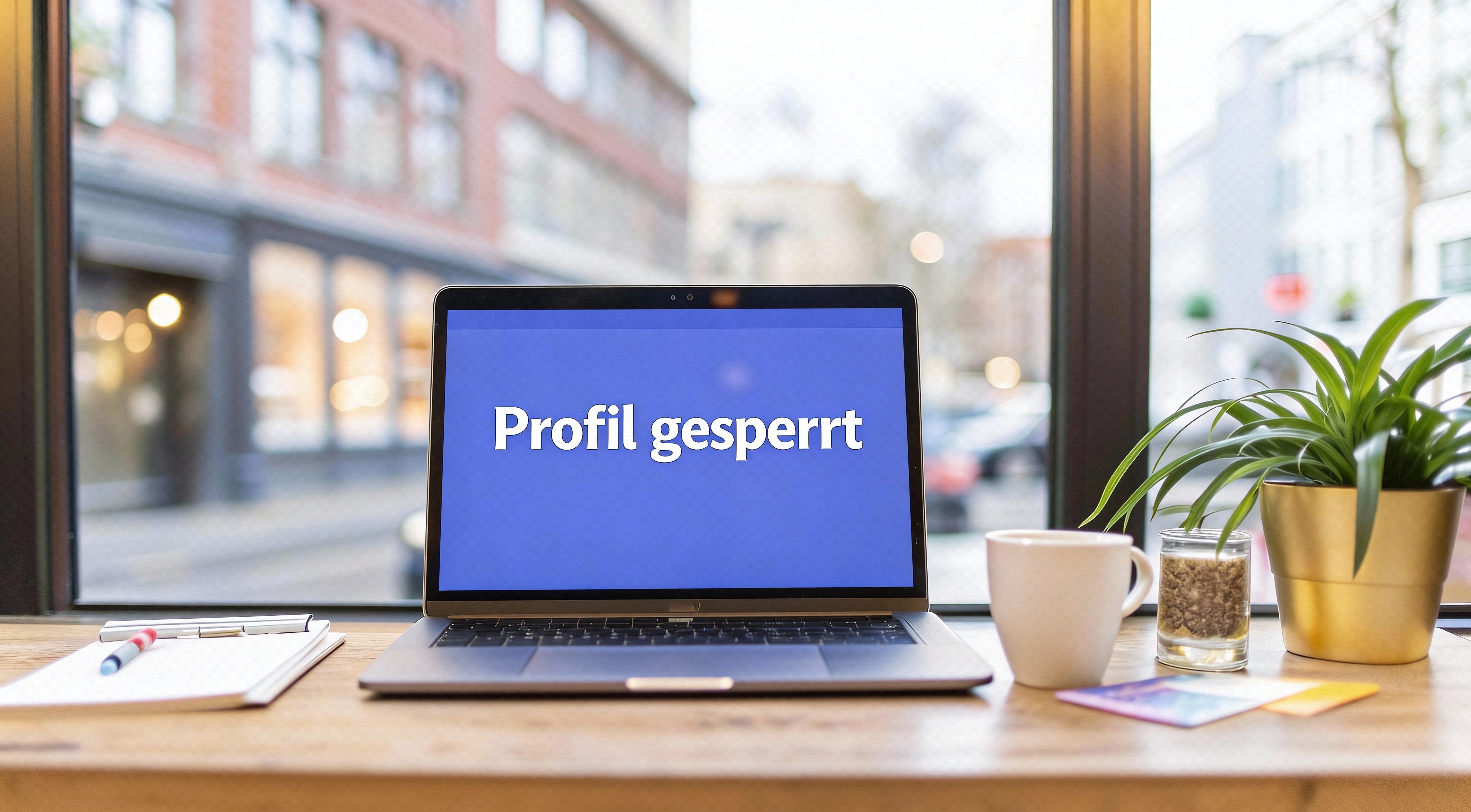 A laptop on a desk shows the text 'Profile locked. ' Next to it are a coffee cup, a plant and notes; in the background, a street can be seen through a window.