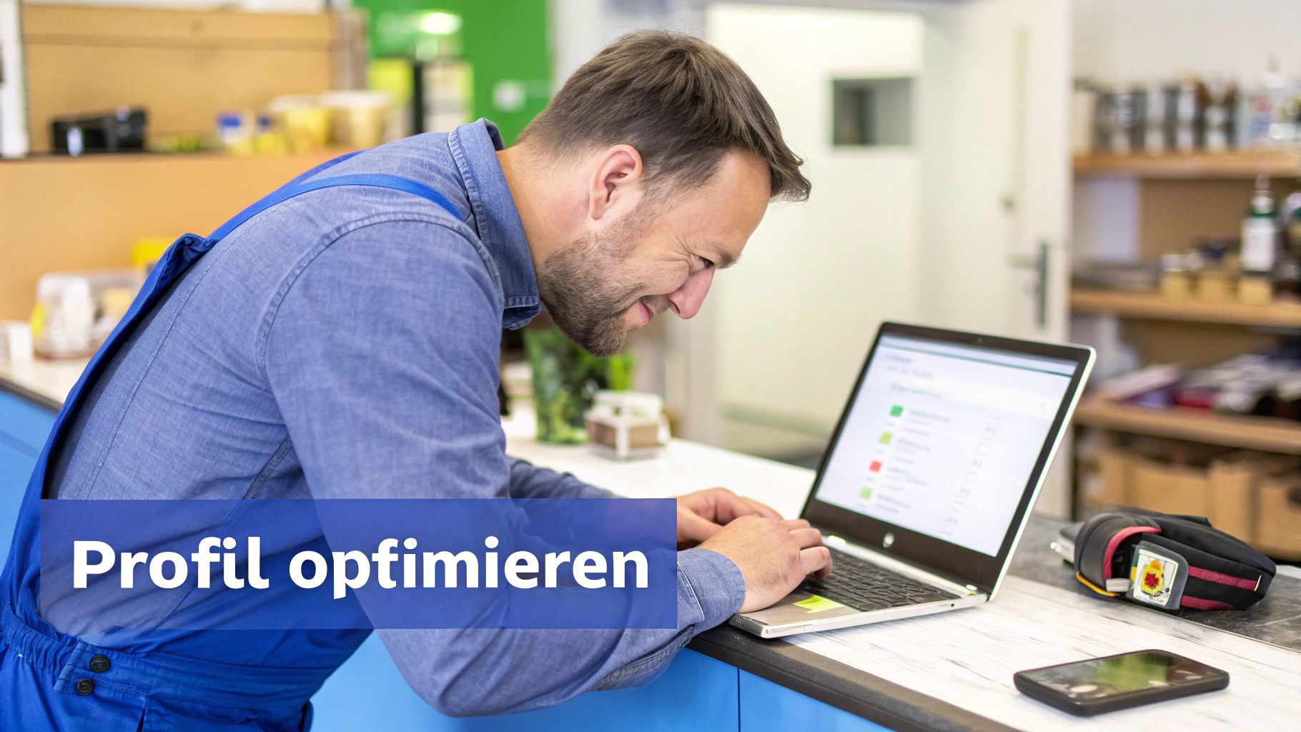 Ein lächelnder Mann in Arbeitskleidung optimiert sein Profil an einem Laptop. Er arbeitet konzentriert.