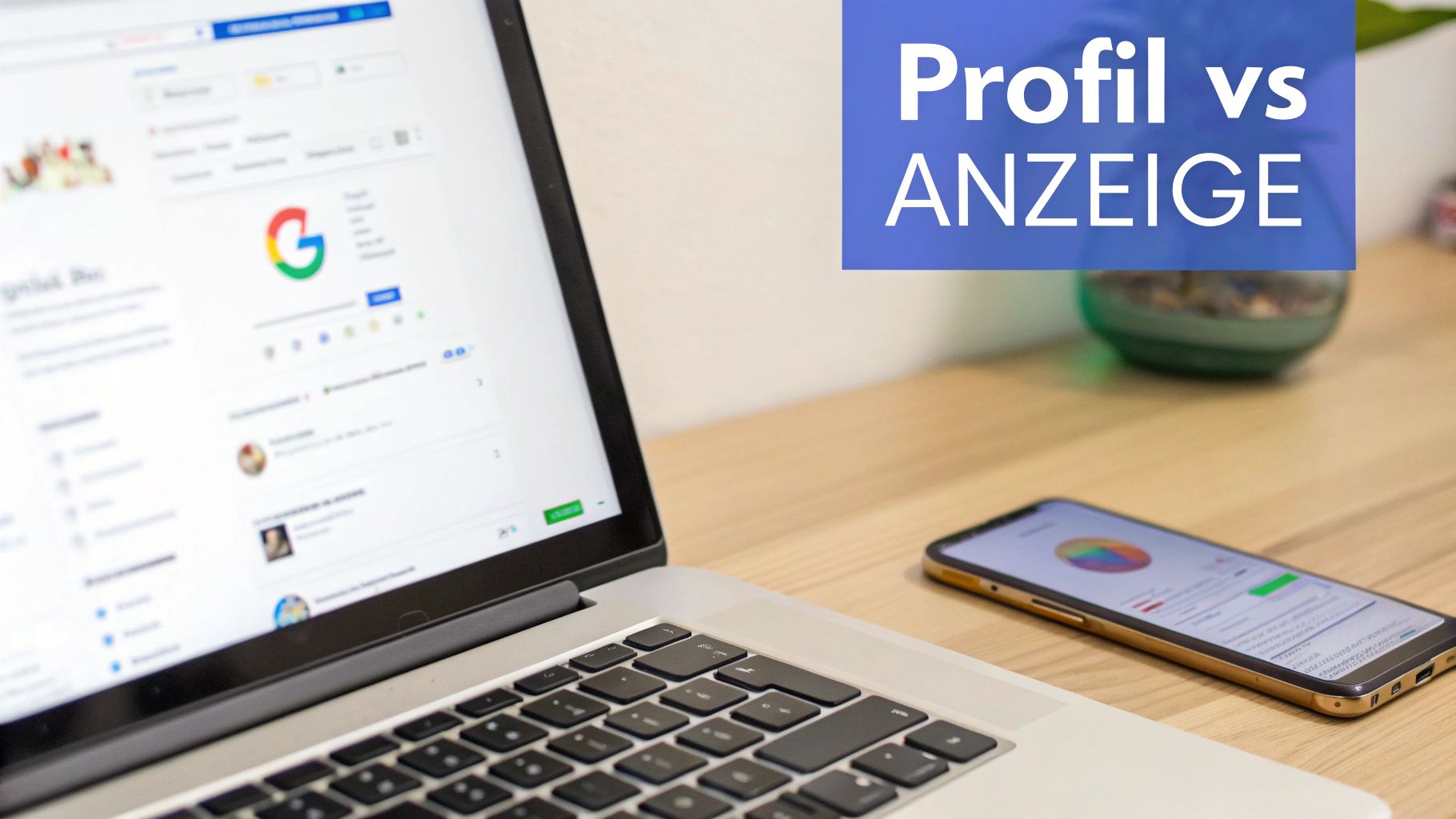 Laptop zeigt Google-Oberfläche und Smartphone mit Diagrammen auf Schreibtisch. Blauer Kasten sagt 'Profil vs ANZEIGE'.