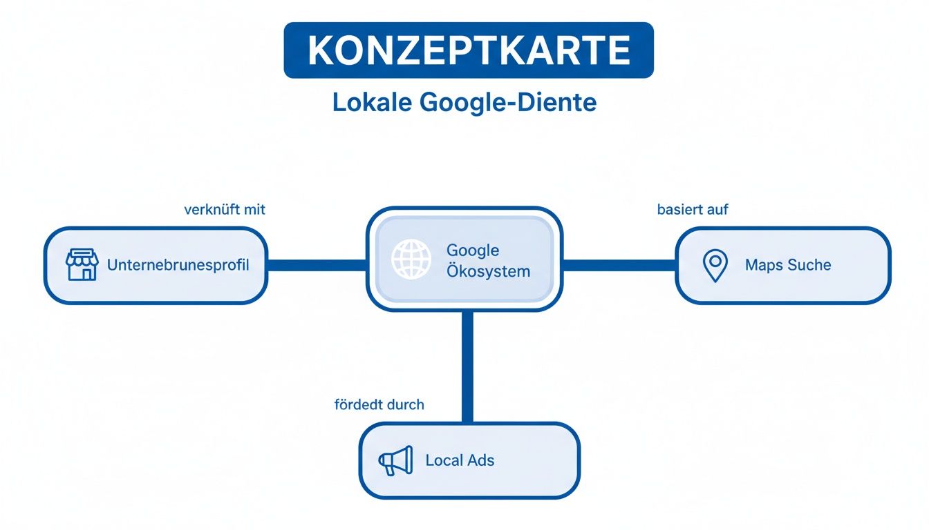 Konzeptkarte zeigt, wie lokale Google-Dienste das Google Ökosystem mit Unternehmensprofilen, Maps Suche und lokalen Anzeigen verknüpfen.