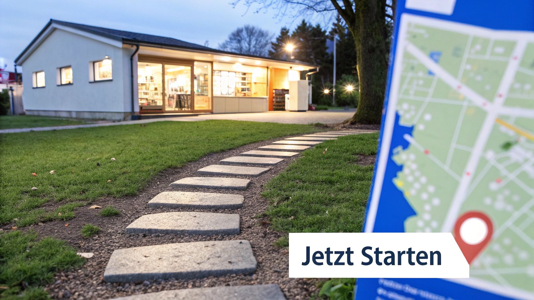 Ein beleuchtetes Gebäude mit einem Steinweg und Rasen bei Dämmerung, daneben ein Schild mit einer Karte.