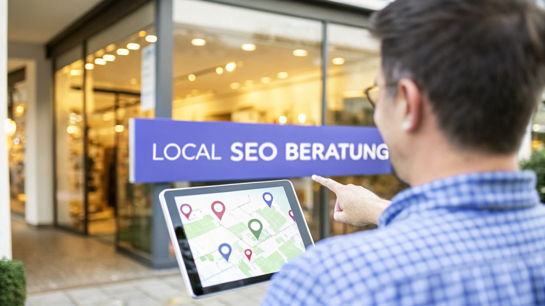 A person holds a tablet with a map view and location markers and points at a sign with the words 'Local SEO Consulting' in front of a shop.
