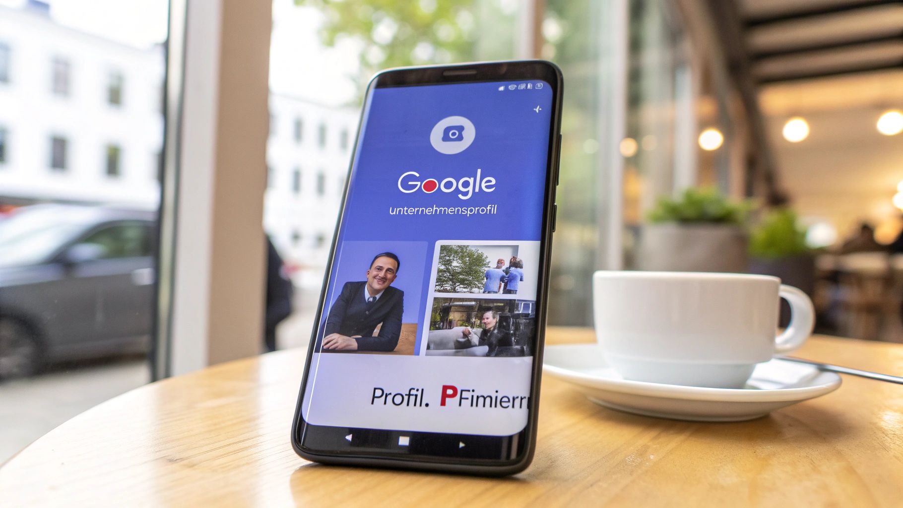Ein Smartphone zeigt die Google Unternehmensprofil-App neben einer Kaffeetasse auf einem Holztisch in einem Café. Das Display zeigt Bilder eines Mannes und anderer Personen.