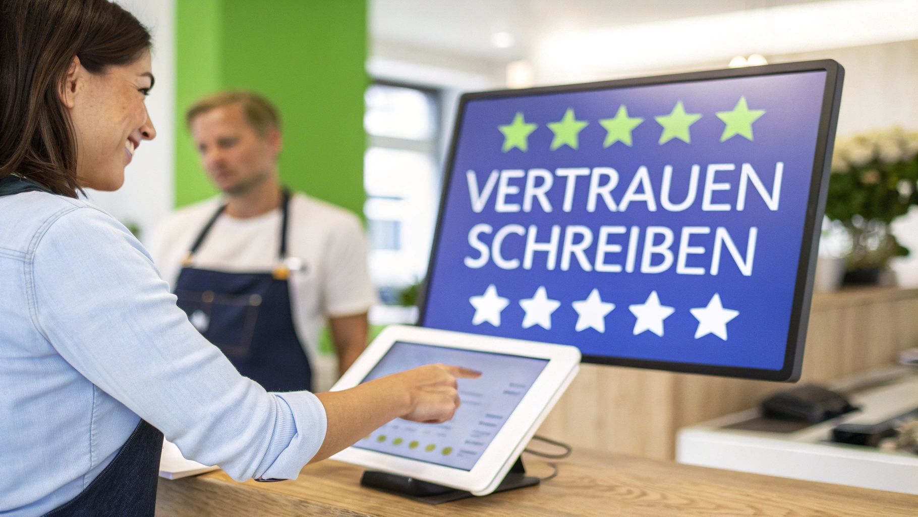 Eine lächelnde Frau bewertet einen Service auf einem Tablet, im Hintergrund ein Bildschirm mit 'VERTRAUEN SCHREIBEN' und Sternen.