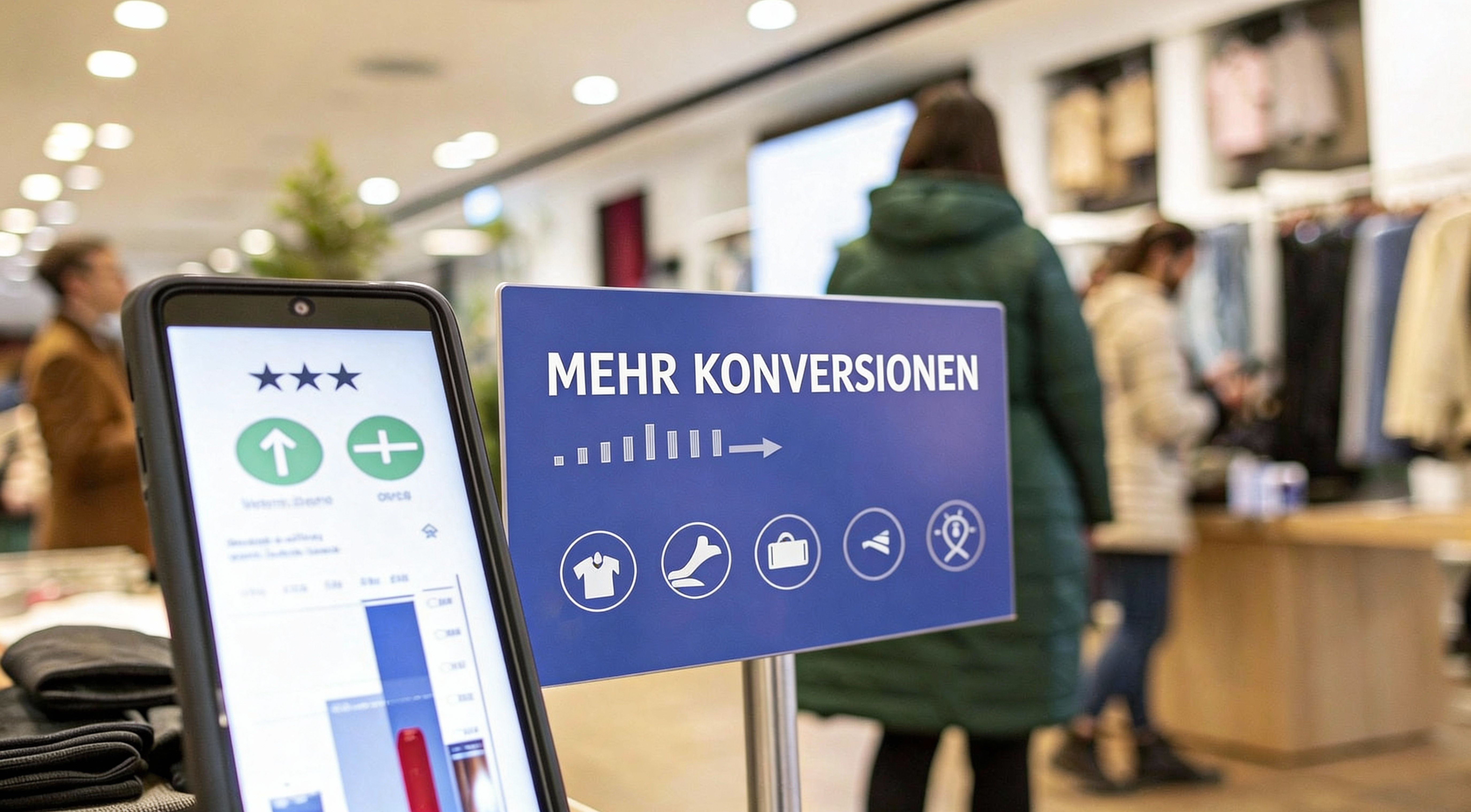 A smartphone shows statistics with an upward trend. There is a sign next to it that says “More conversions” in a clothing store.