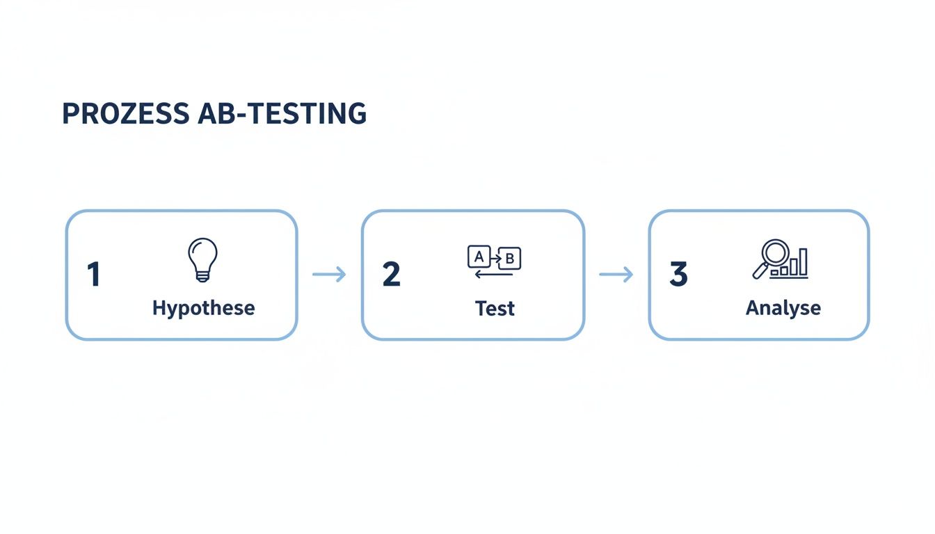 Prozessdiagramm des AB-Testings mit den Schritten Hypothese, Test und Analyse zur Optimierung.