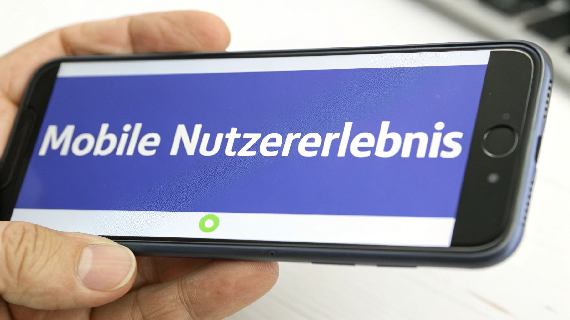 Eine Hand hält ein Smartphone, dessen Bildschirm den Text 'Mobile Nutzererlebnis' auf blauem Hintergrund zeigt.