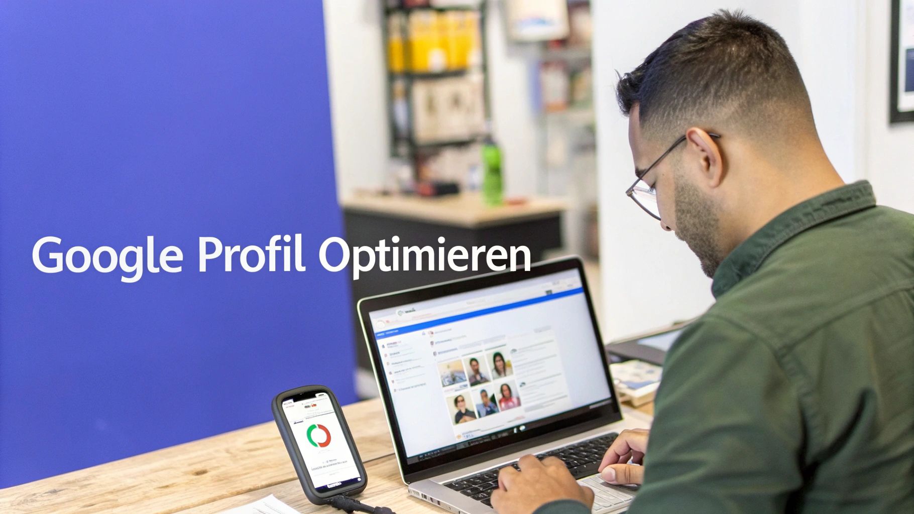 Junger Mann optimiert sein Google Profil am Laptop und Smartphone für bessere Online-Sichtbarkeit.