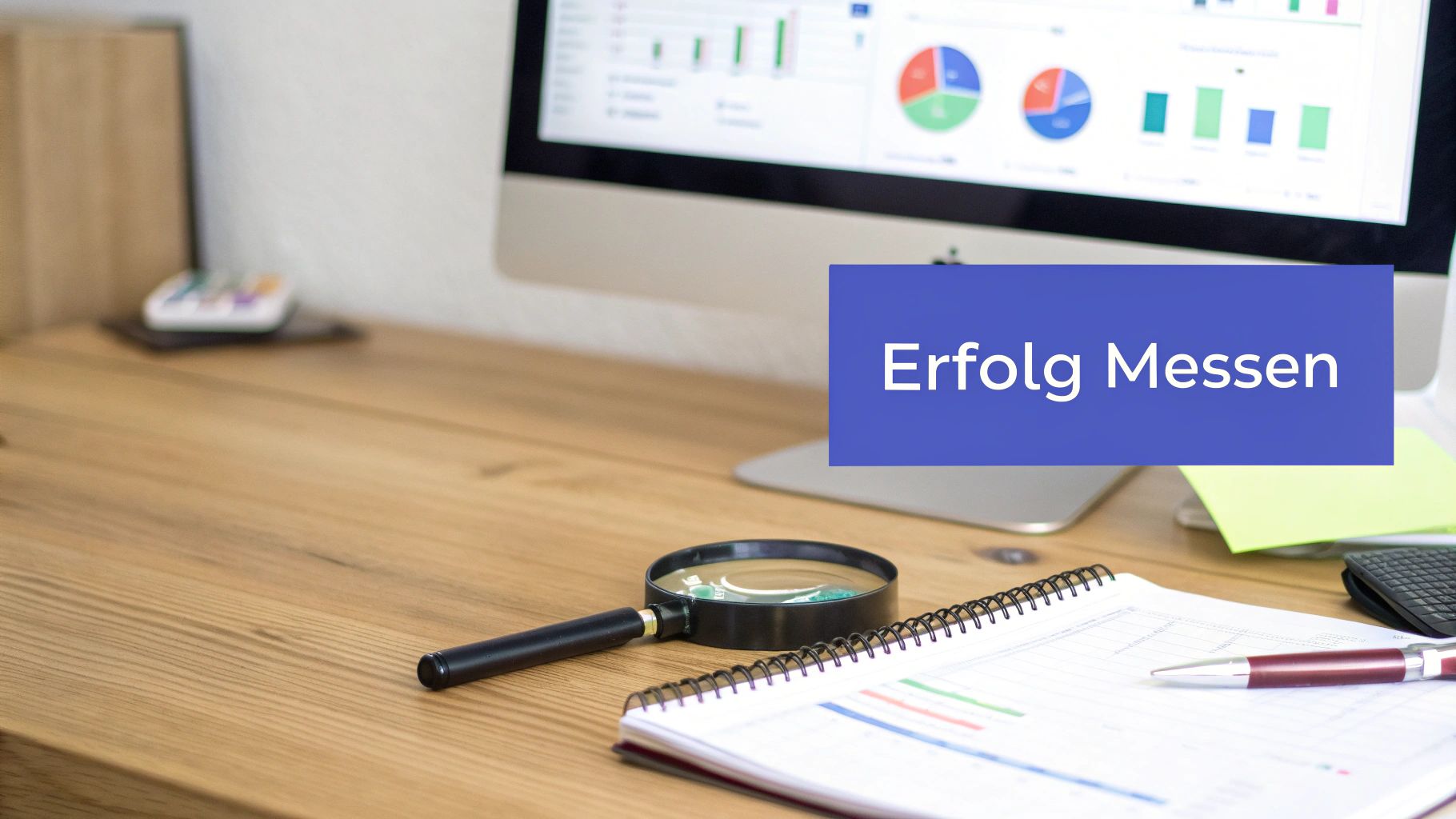 Bürotisch mit Laptop, der Diagramme anzeigt, Lupe, Notizbuch und Stift. Überlagerung: Erfolg Messen.