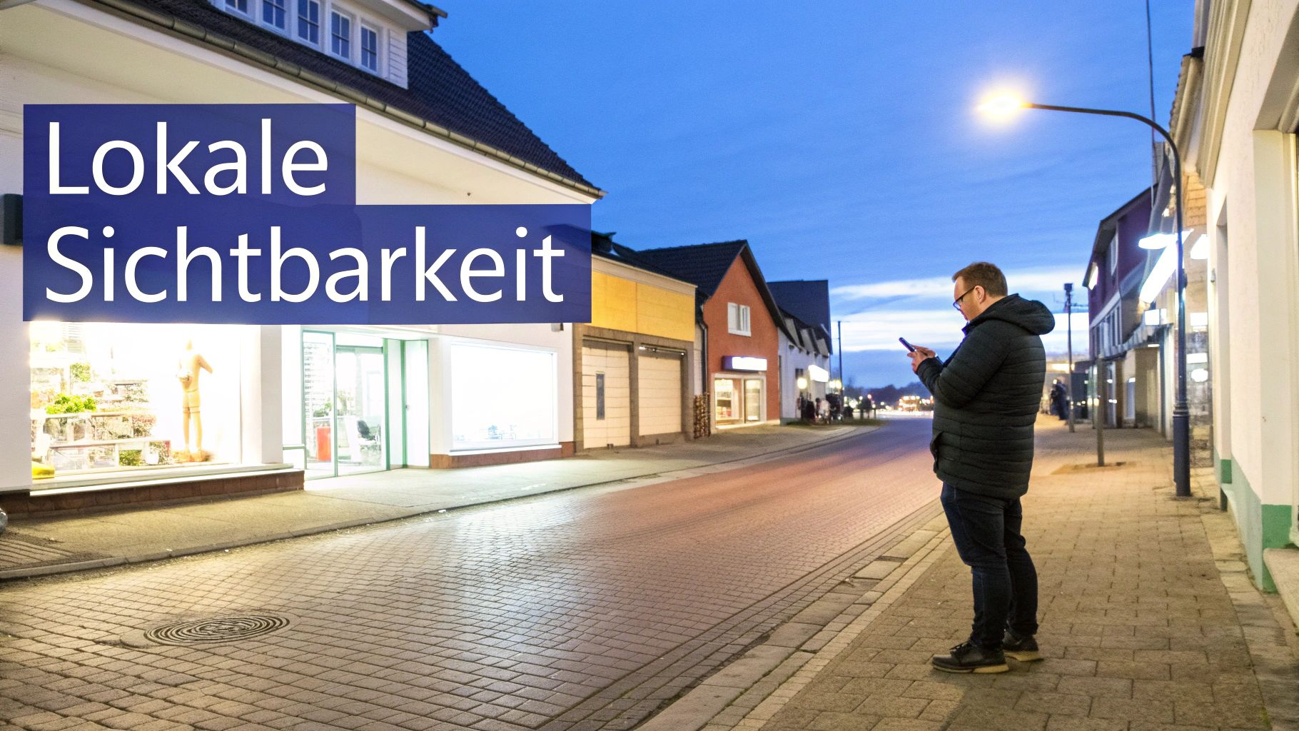 Ein Mann steht bei Dämmerung auf einer belebten Straße und schaut auf sein Handy, mit dem Text 'Lokale Sichtbarkeit'.