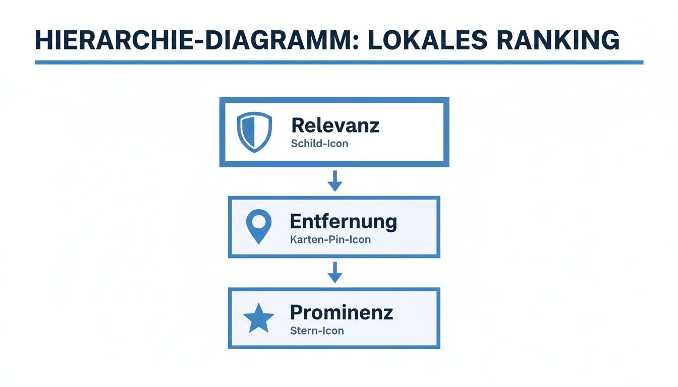 Hierarchiediagramm des lokalen Rankings mit Relevanz, Entfernung und Prominenz als Schlüsselfaktoren.
