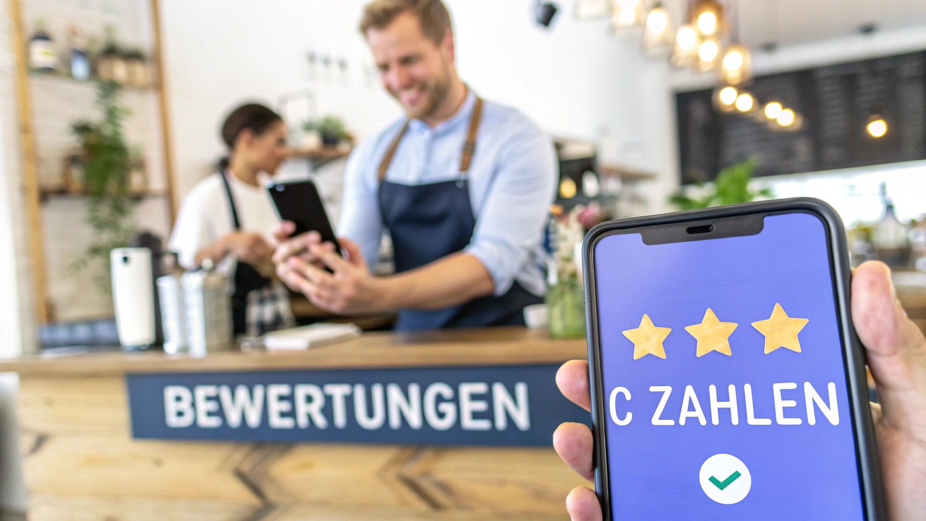 Hand hält Smartphone mit Sternebewertung und Zahlungsbestätigung in einem Café mit lächelnden Mitarbeitern.