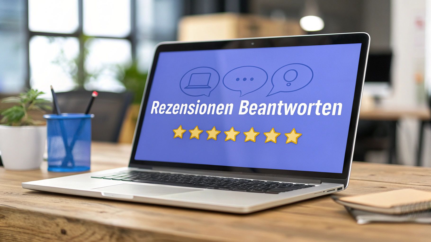 Ein Laptop auf einem Schreibtisch zeigt den Text ‚Rezensionen beantworten‘ mit mehreren Sternen. Daneben stehen ein Stiftehalter, eine Pflanze und ein Notizbuch.