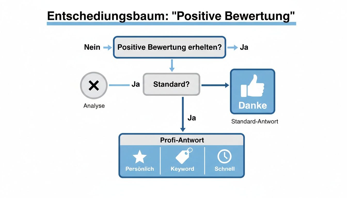 Entscheidungsbaum für positive Bewertungen, der den Ablauf von der Analyse bis zur professionellen Antwort darstellt.