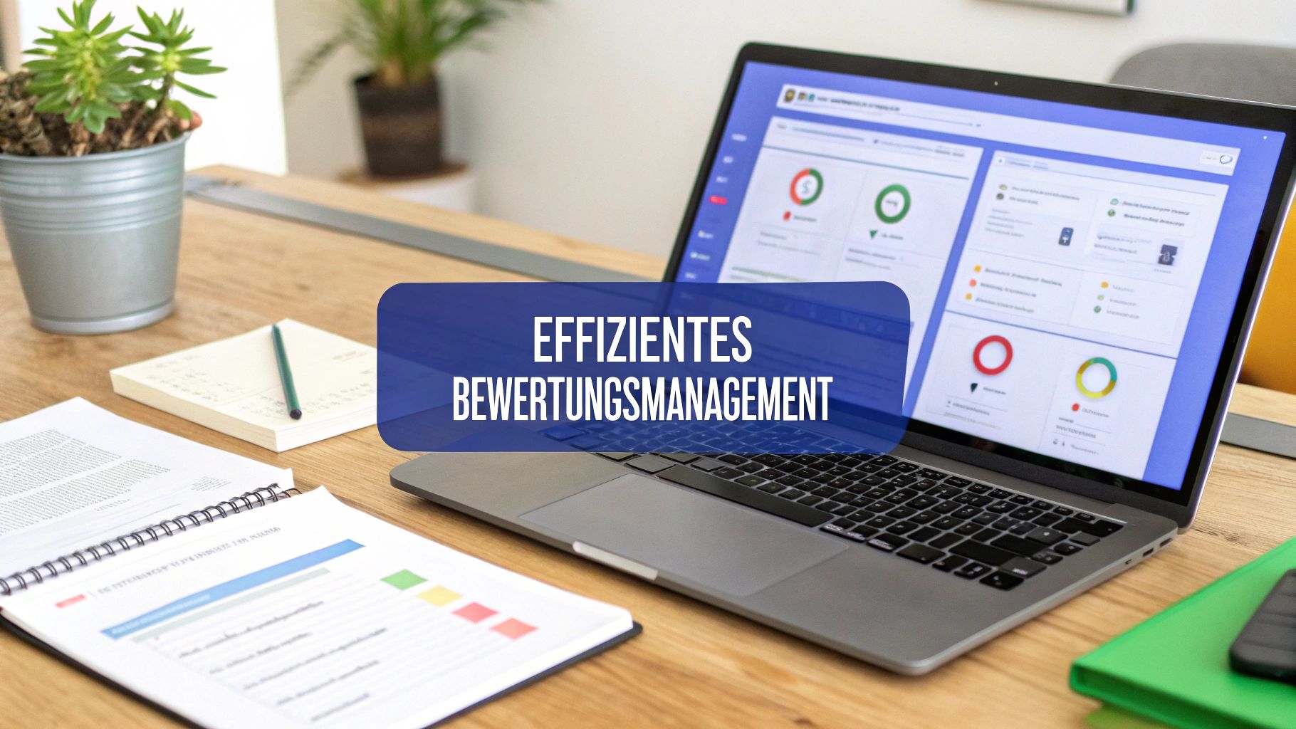 Büroarbeitsplatz mit Laptop, der ein Dashboard anzeigt, Notizbüchern und Text 'Effizientes Bewertungsmanagement'.