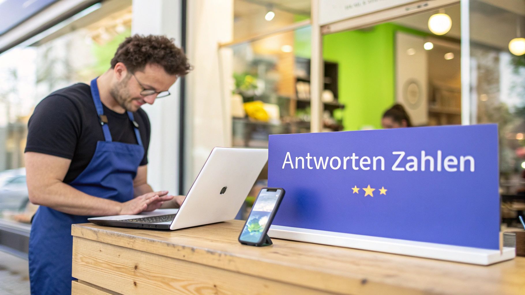 Ein Mann in Schürze tippt auf einem Laptop auf einer Holztheke, daneben ein Schild mit 'Antworten Zahlen' und Sternen.