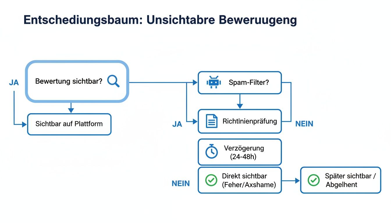 Entscheidungsbaum zur Sichtbarkeit von Bewertungen auf einer Plattform, inklusive Prüfungen und Verzögerungen.